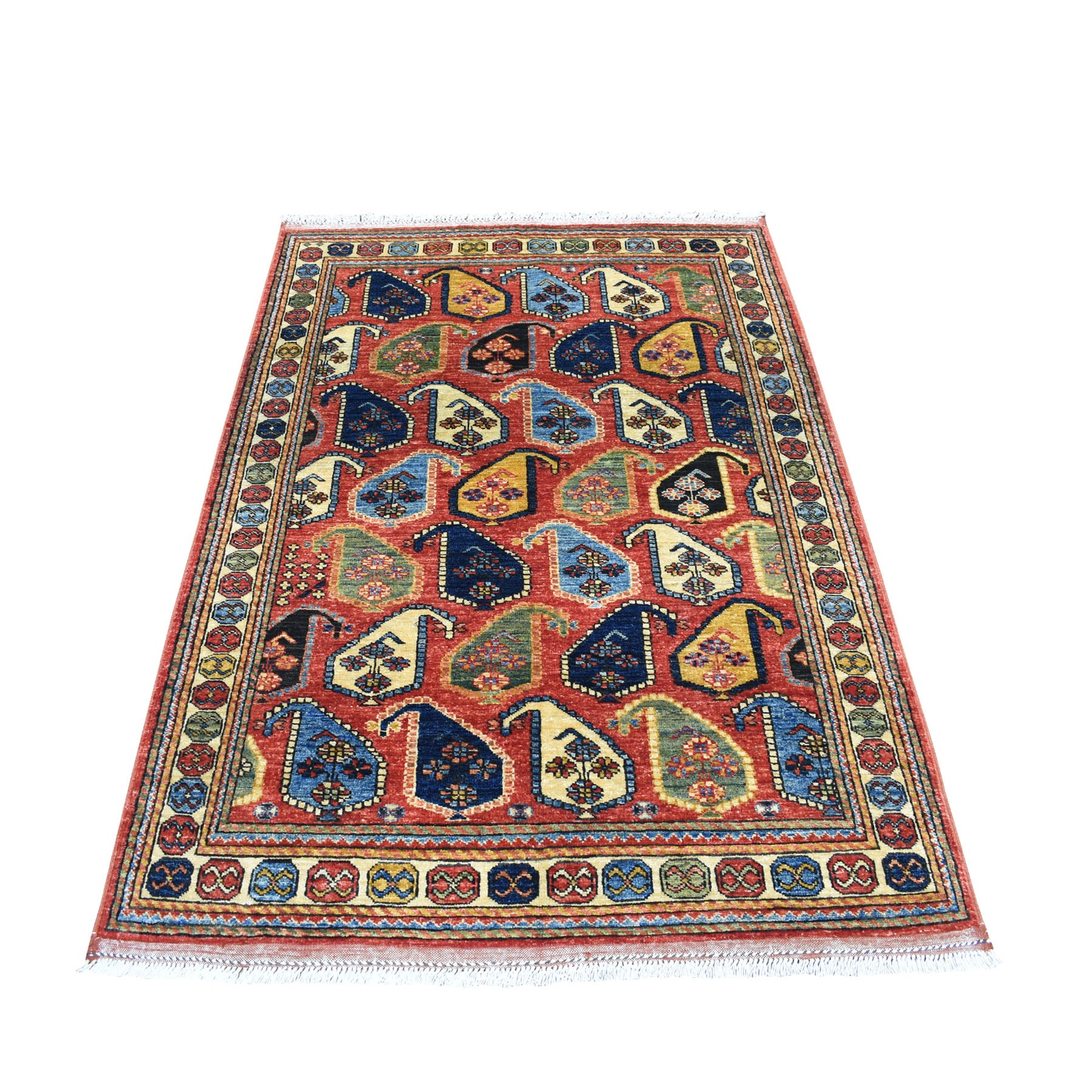 4'x5'10" Red Afghan Turkoman Ersari Paisley Design Hand Woven Pure Wool Oriental Rug 