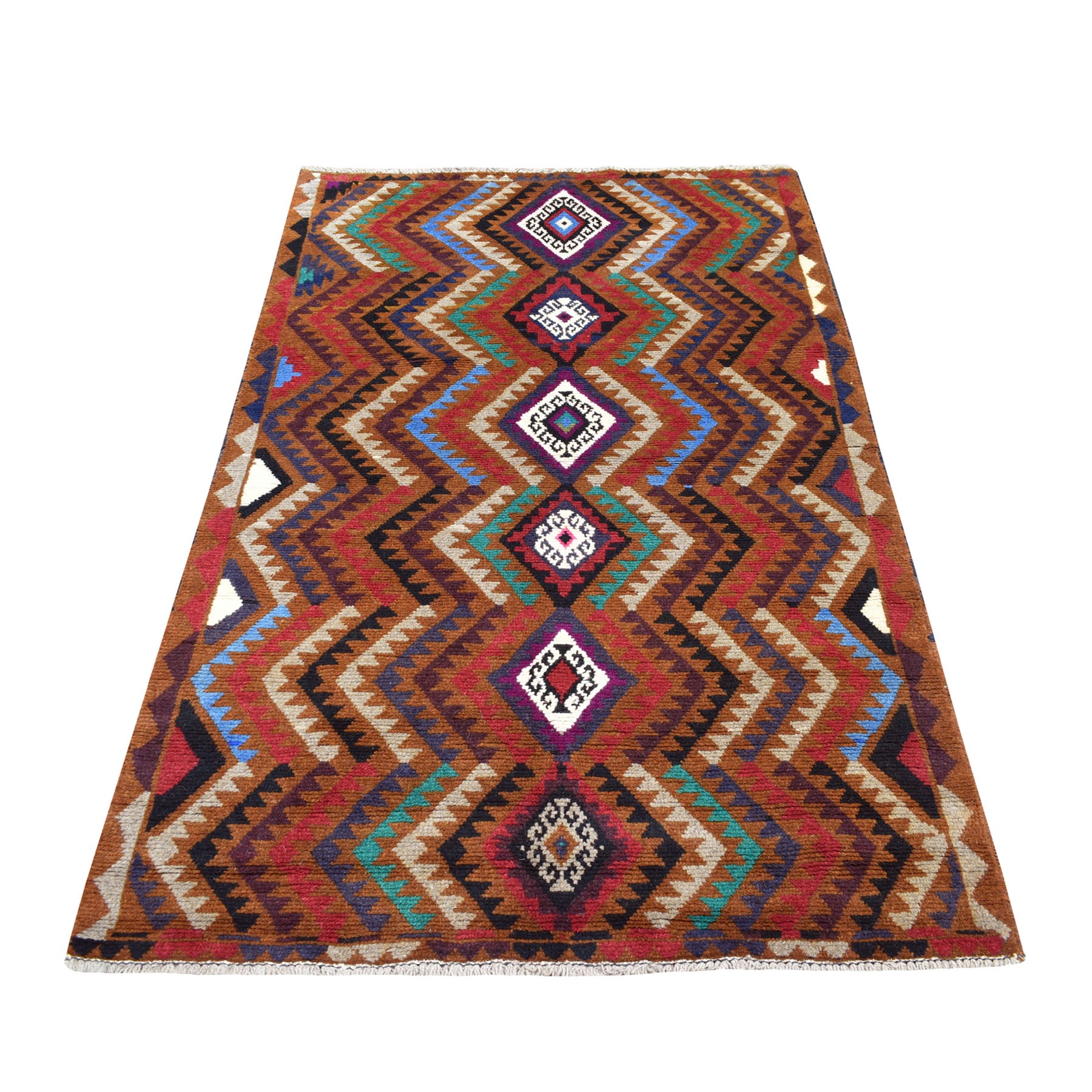 3'7"x6'1" Brown Natural Dyes Geometric Design Colorful Afghan Baluch Hand Woven 100% Wool Oriental Rug 