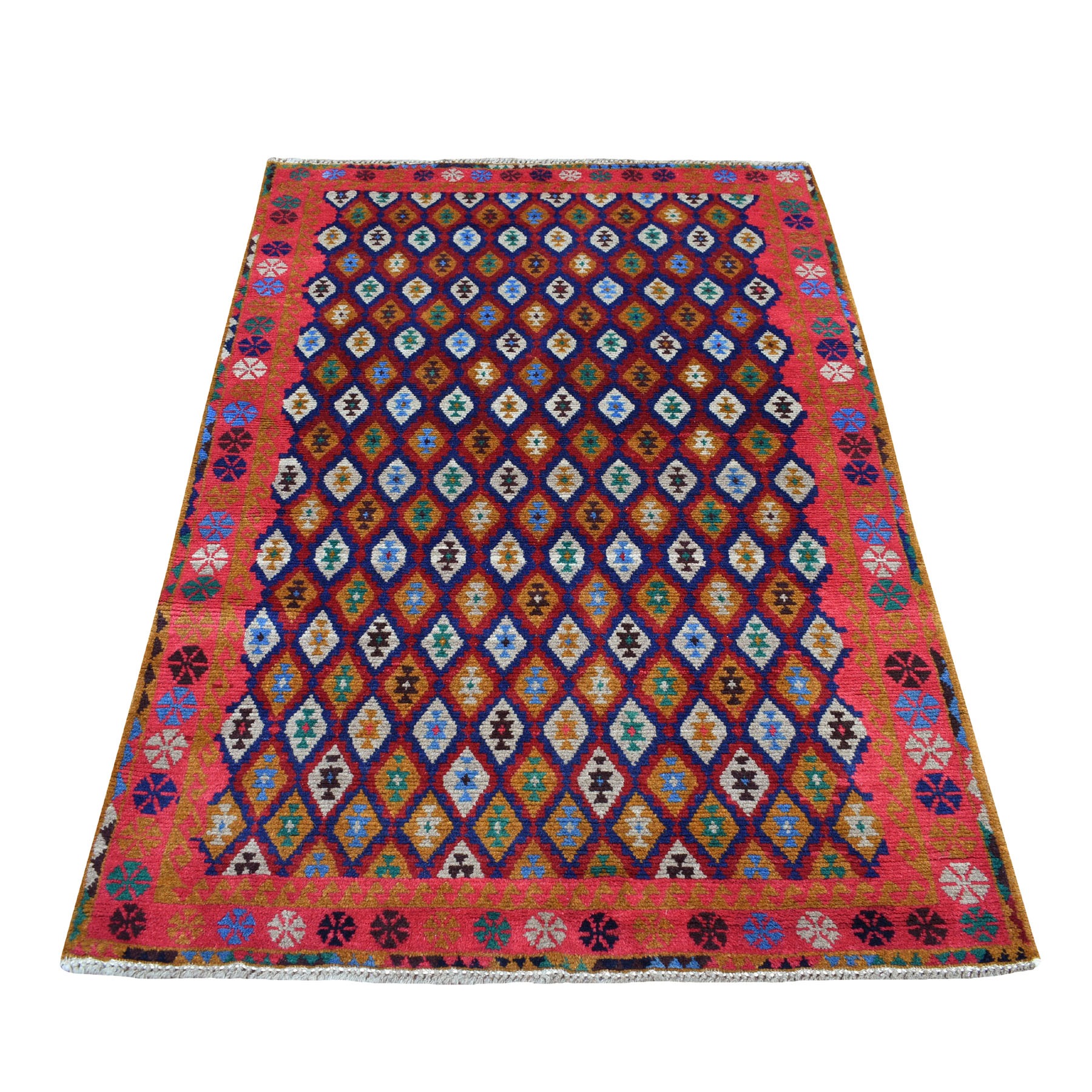 4'x6'1" Colorful All Over Design Colorful Afghan Baluch Hand Woven Pure Wool Oriental Rug 