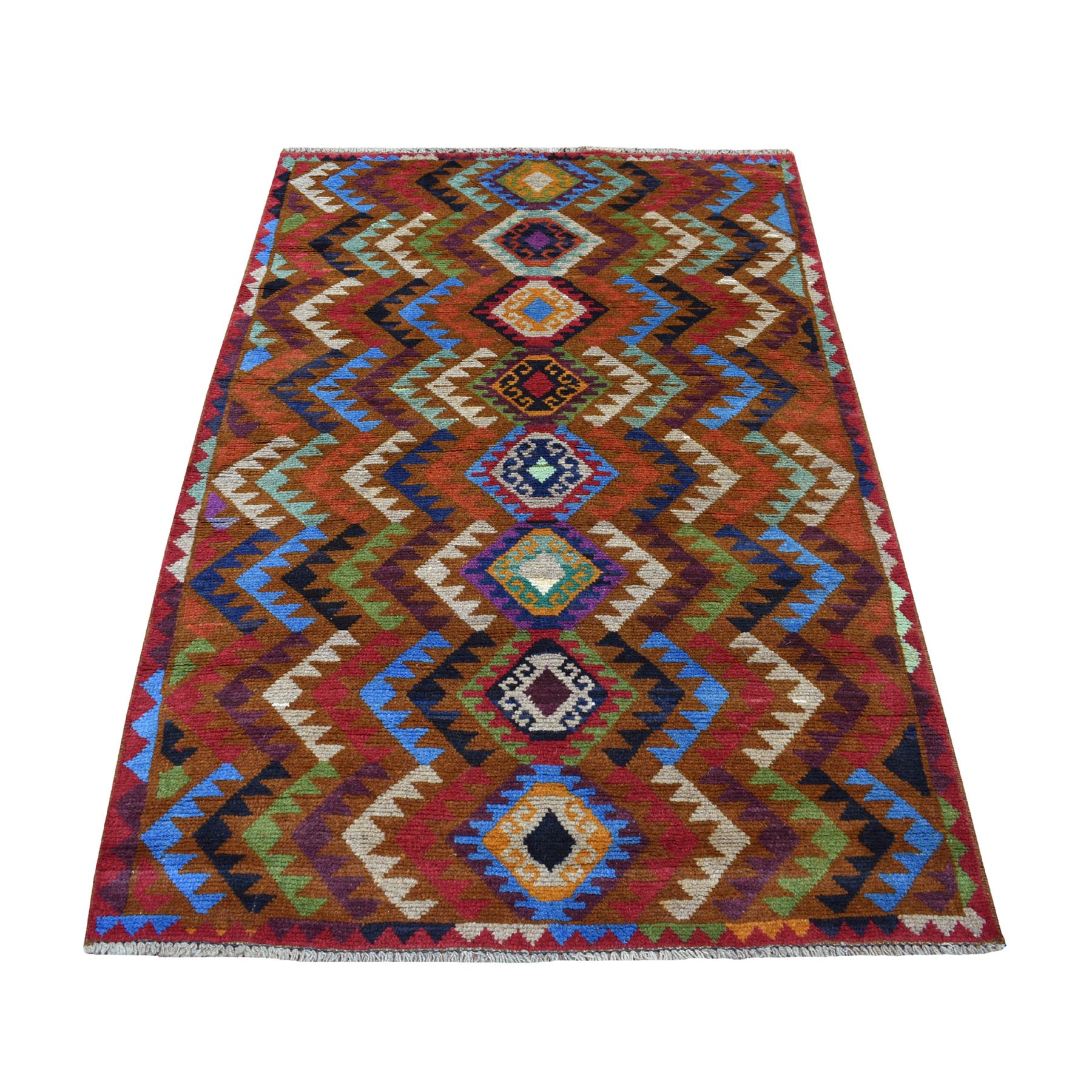 3'9"x6' Brown Hand Woven Colorful Afghan Baluch Geometric Design Pure Wool Oriental Rug 