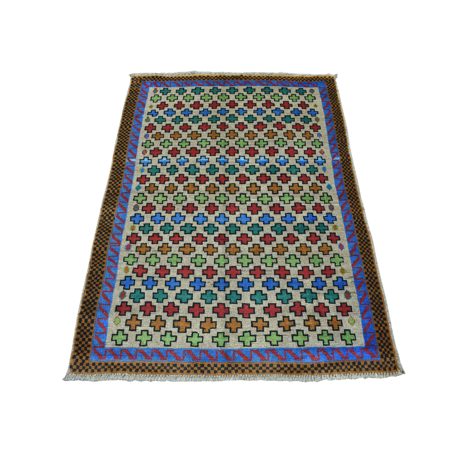 3'4"x4'9" Gray Hand Woven Colorful Afghan Baluch All Over Design Pure Wool Oriental Rug 