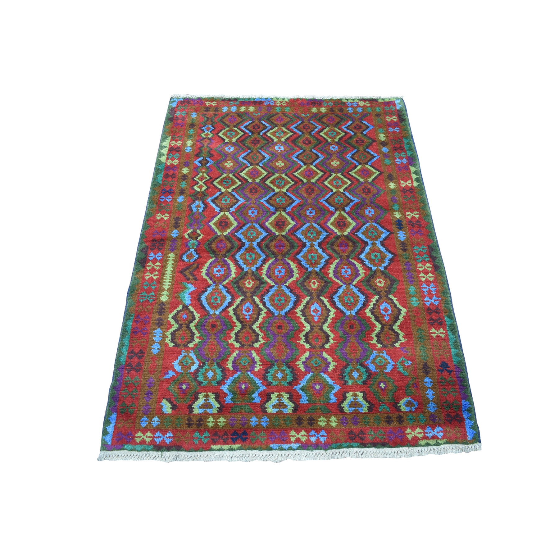 3'5"x4'8" Purple Geometric Design Colorful Afghan Baluch Pure Wool Hand Woven Oriental Rug 