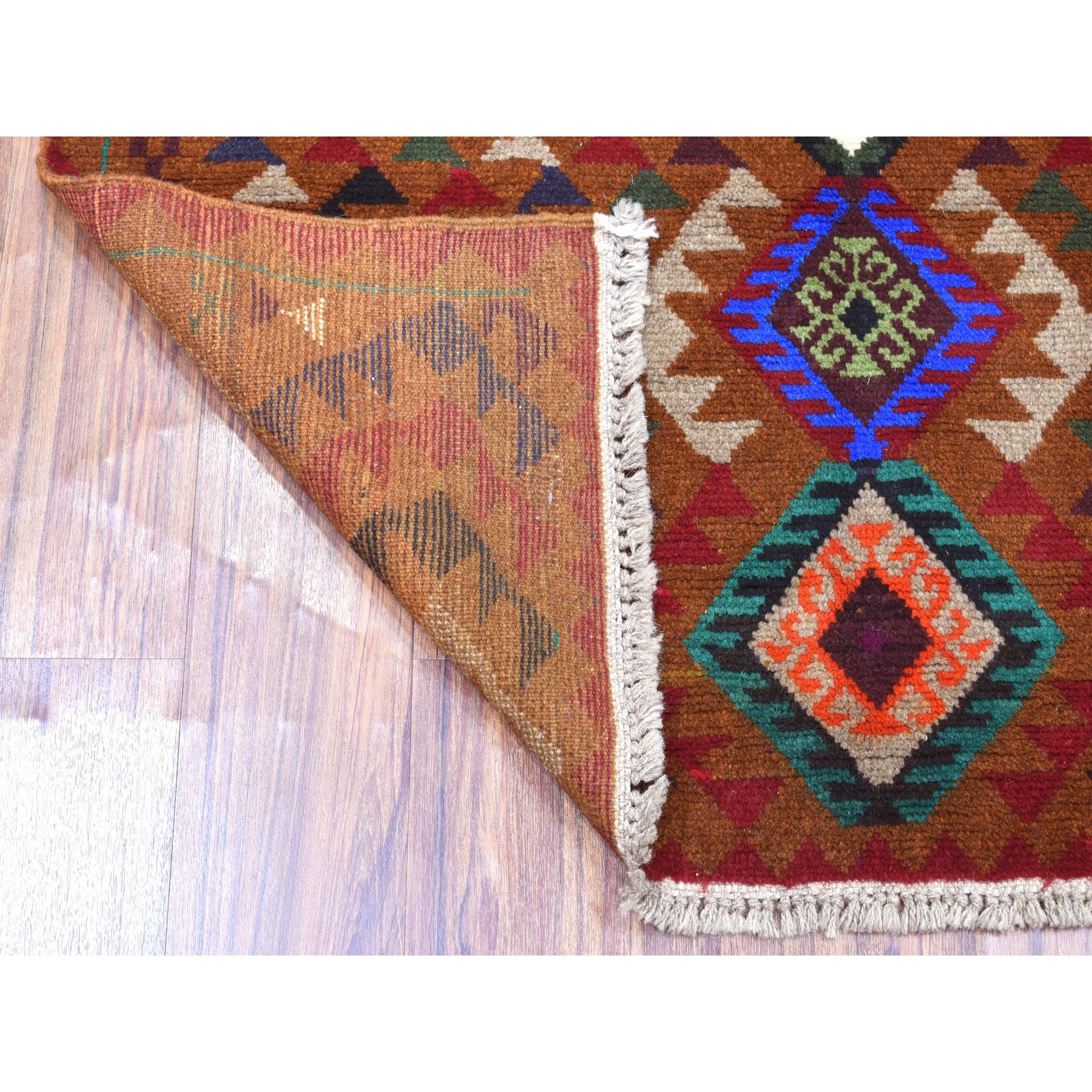 3'10"x6'2" Brown Geometric Design Colorful Afghan Baluch Hand Woven 100% Wool Oriental Rug 
