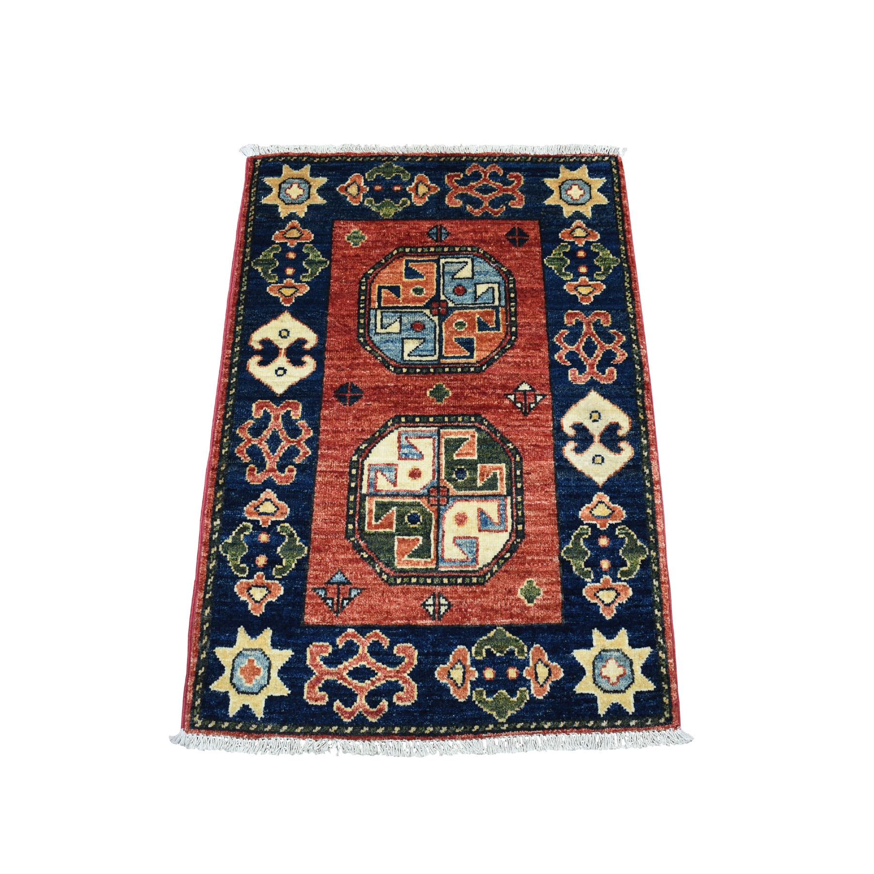 2'1"x3' Red Afghan Ersari Tekke Design Pure Wool Hand Woven Oriental Rug 