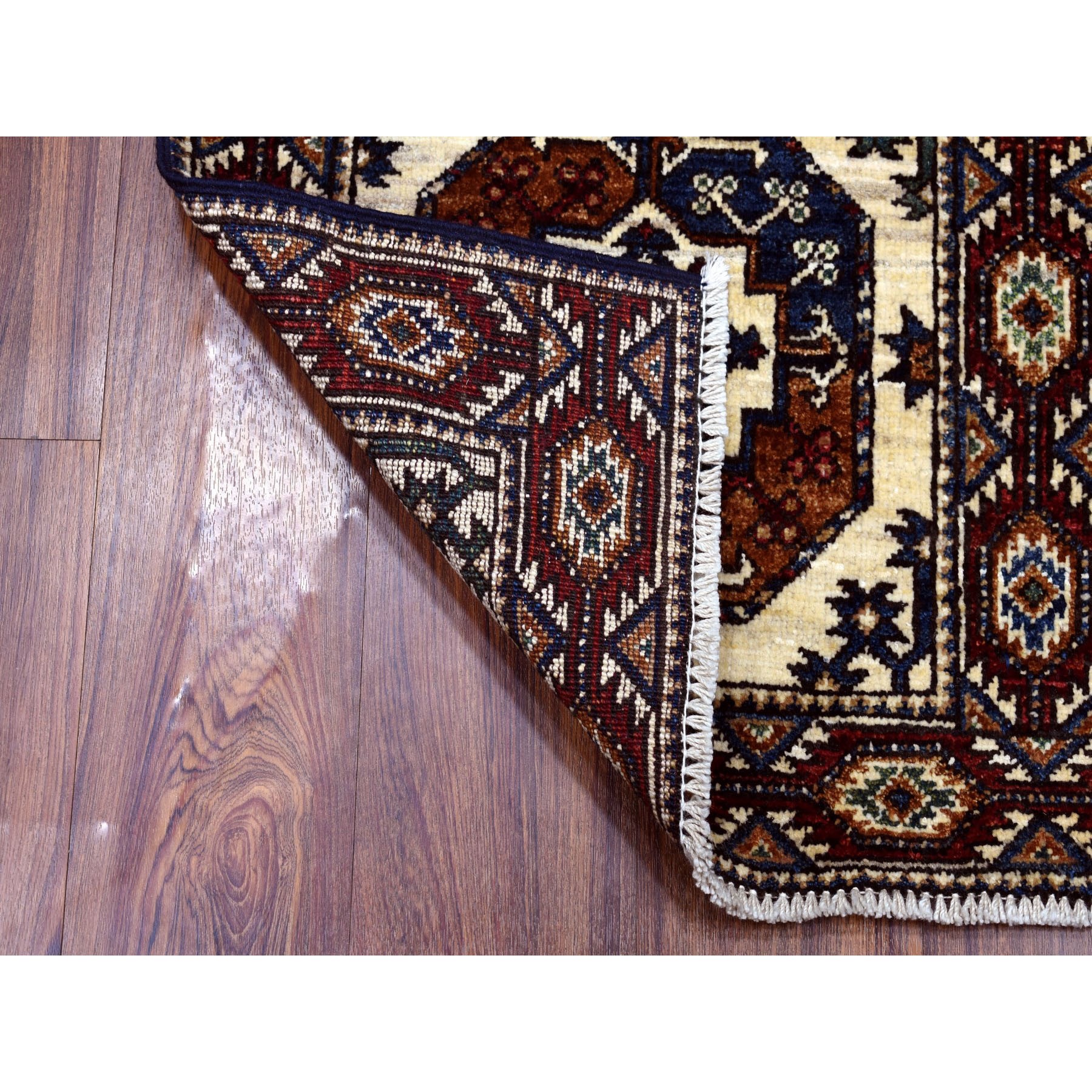 1'10"x2'9" Ivory Turkoman Afghan Ersari Hand Woven Elephant Feet Design Pure Wool Oriental Rug 