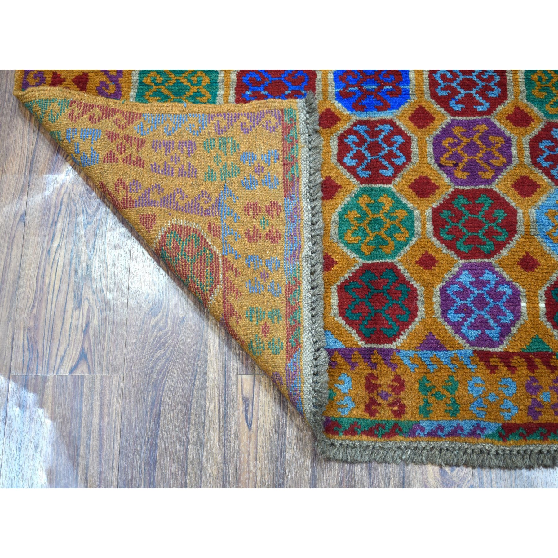 3'5"x4'7" Orange Elephant Feet Design Colorful Afghan Baluch Hand Woven Pure Wool Oriental Rug 