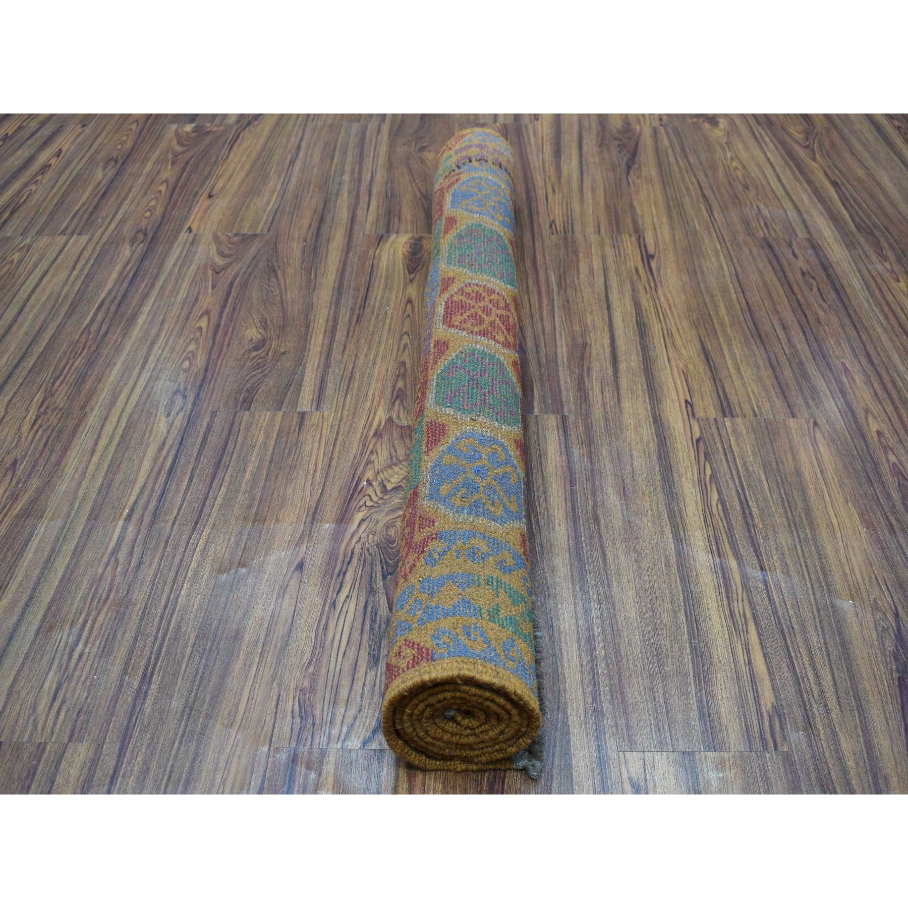 3'5"x4'7" Orange Elephant Feet Design Colorful Afghan Baluch Hand Woven Pure Wool Oriental Rug 