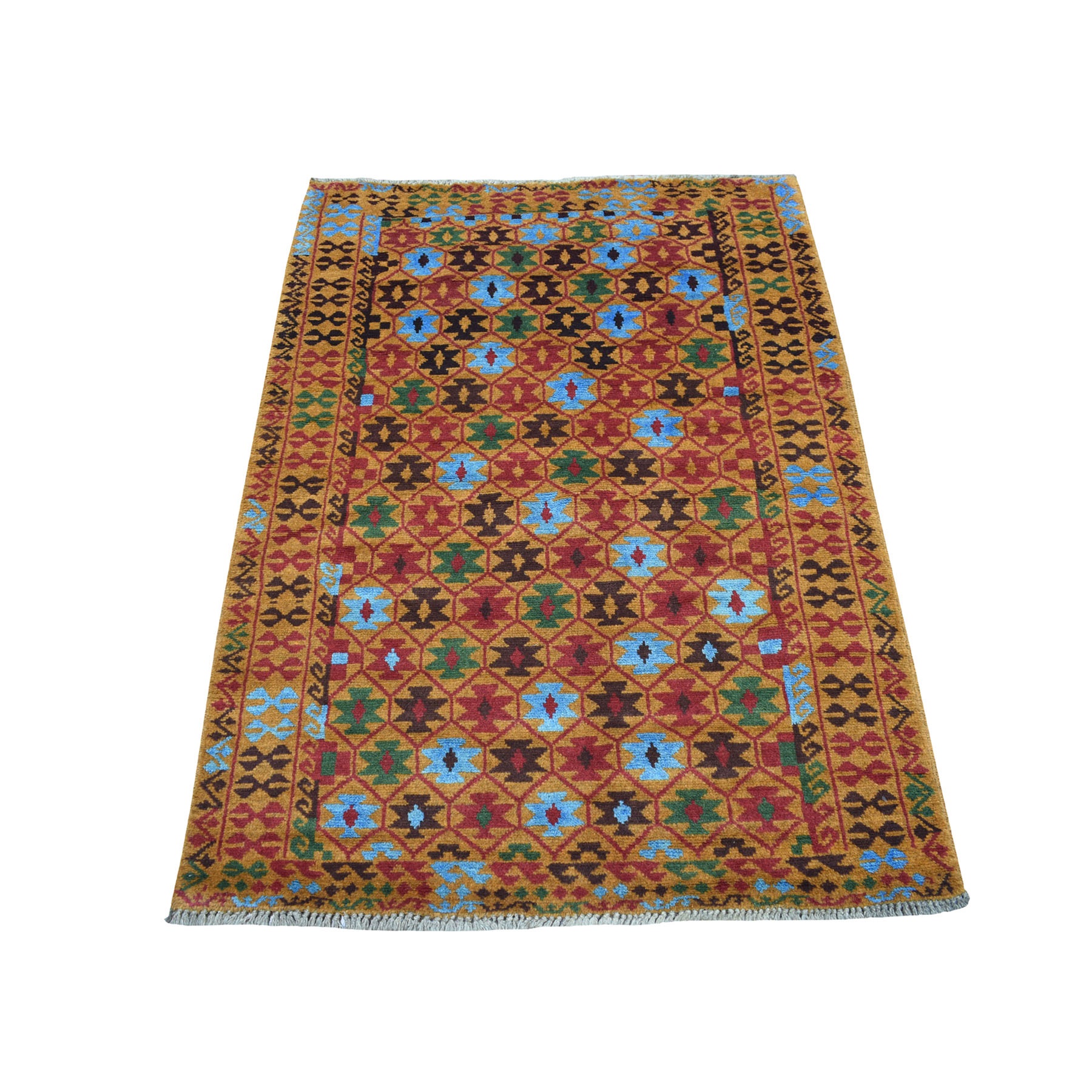 3'5"x4'10" Orange Tribal Design Colorful Afghan Baluch Hand Woven Pure Wool Oriental Rug 