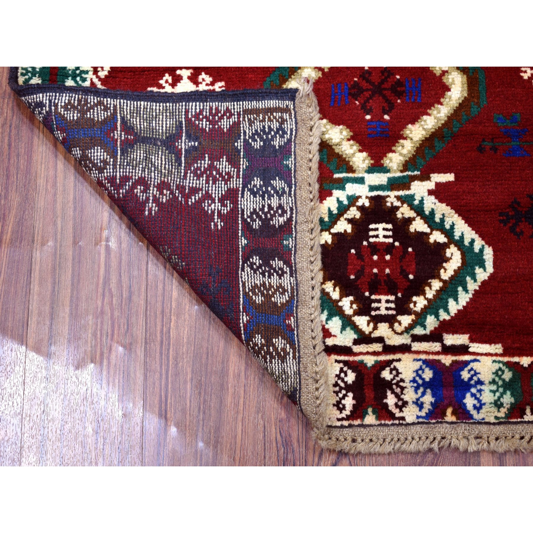 3'3"x4'9" Red Colorful Afghan Baluch Geometric Design Hand Woven Pure Wool Oriental Rug 