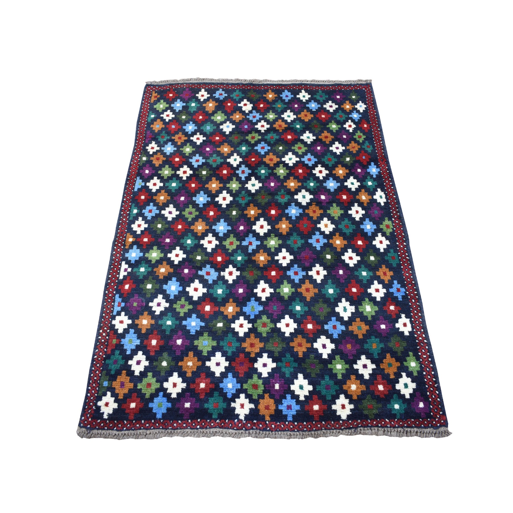 3'4"x4'8" Blue Colorful Afghan Baluch All Over Design Pure Wool Hand Woven Oriental Rug 