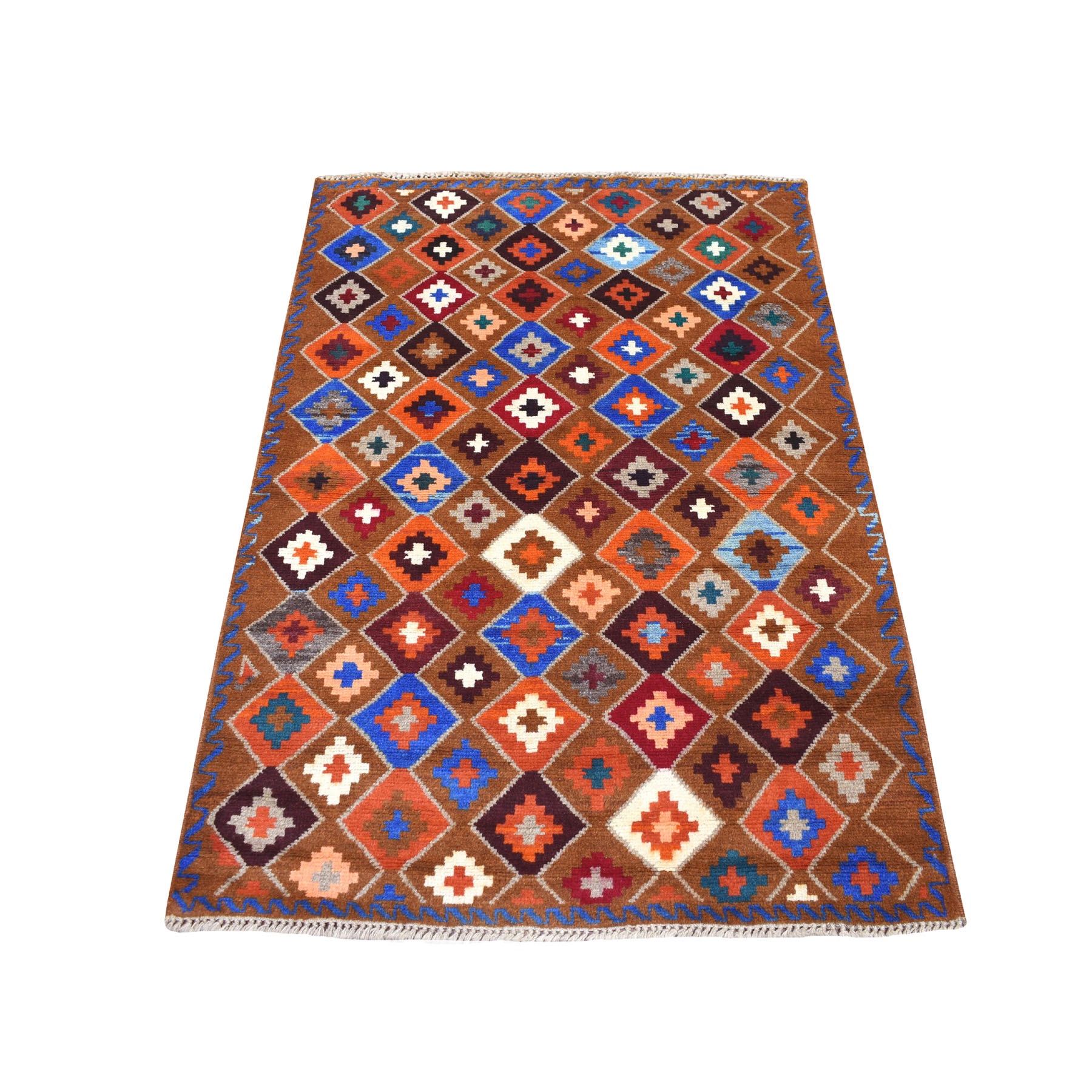 3'5"x4'10" Brown Geometric Design Colorful Afghan Baluch Pure Wool Hand Woven Oriental Rug 