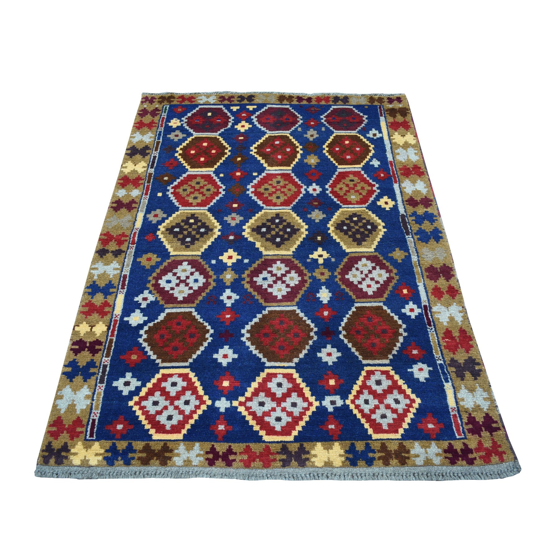 3'8"x5'9" Blue Colorful Afghan Baluch Tribal Deisgn Pure Wool Hand Woven Oriental Rug 