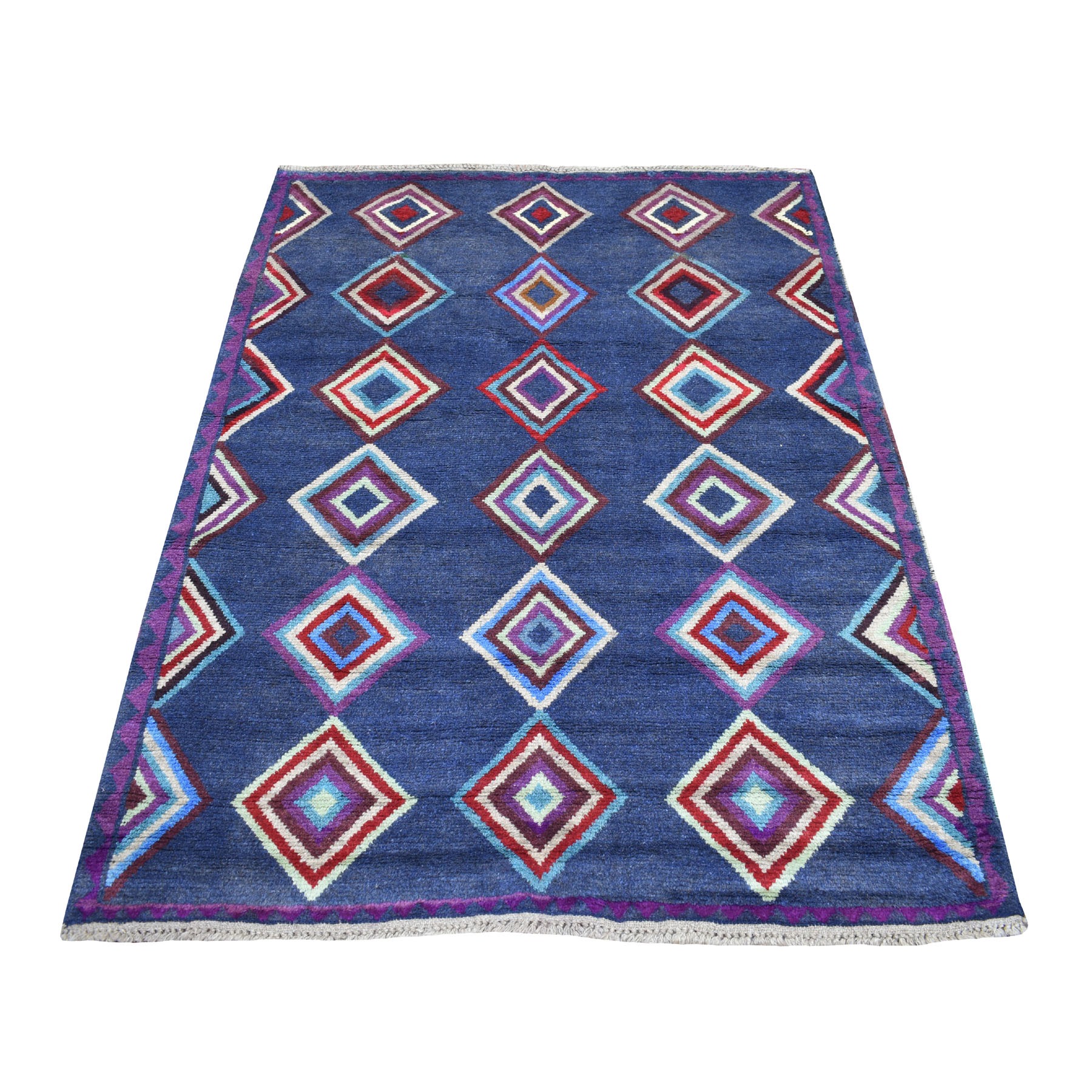 4'2"x5'7" Blue Colorful Afghan Baluch Geometric Design Hand Woven Pure Wool Oriental Rug 