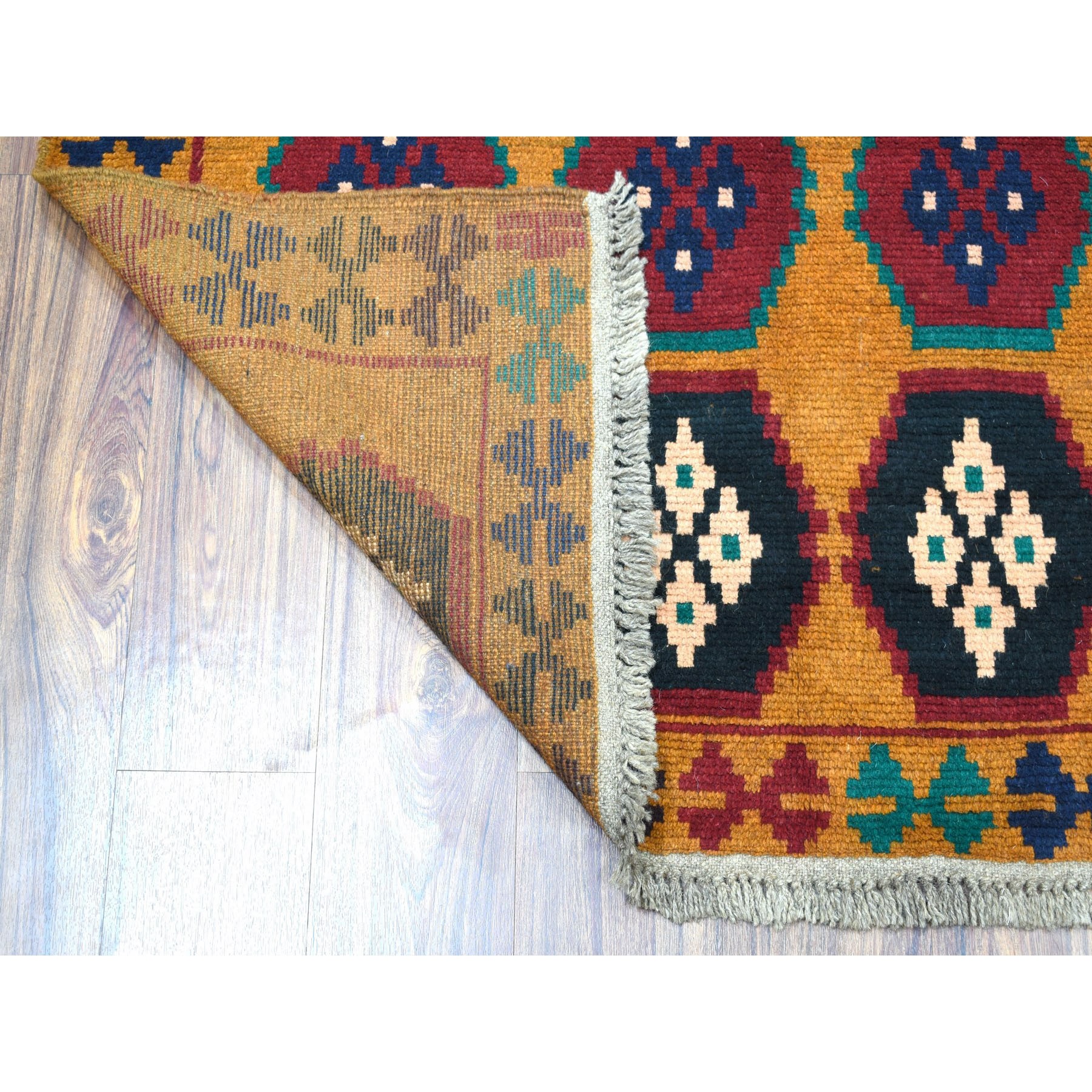 6'x7'10" Orange Geometric Design Colorful Afghan Baluch Hand Woven Pure Wool Oriental Rug 