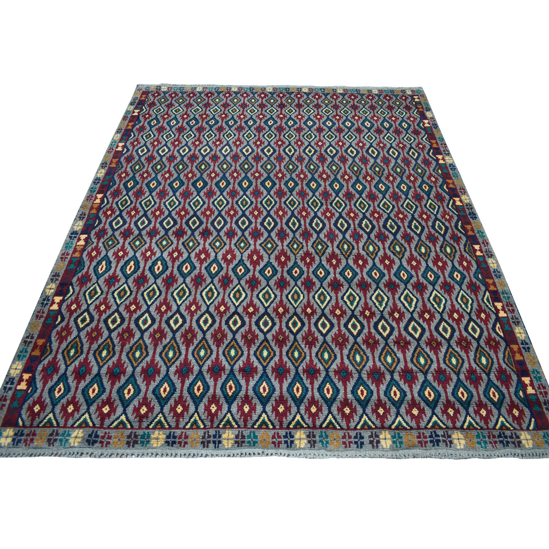 6'2"x7'3" Gray Tribal Design Colorful Afghan Baluch Hand Woven Pure Wool Oriental Rug 
