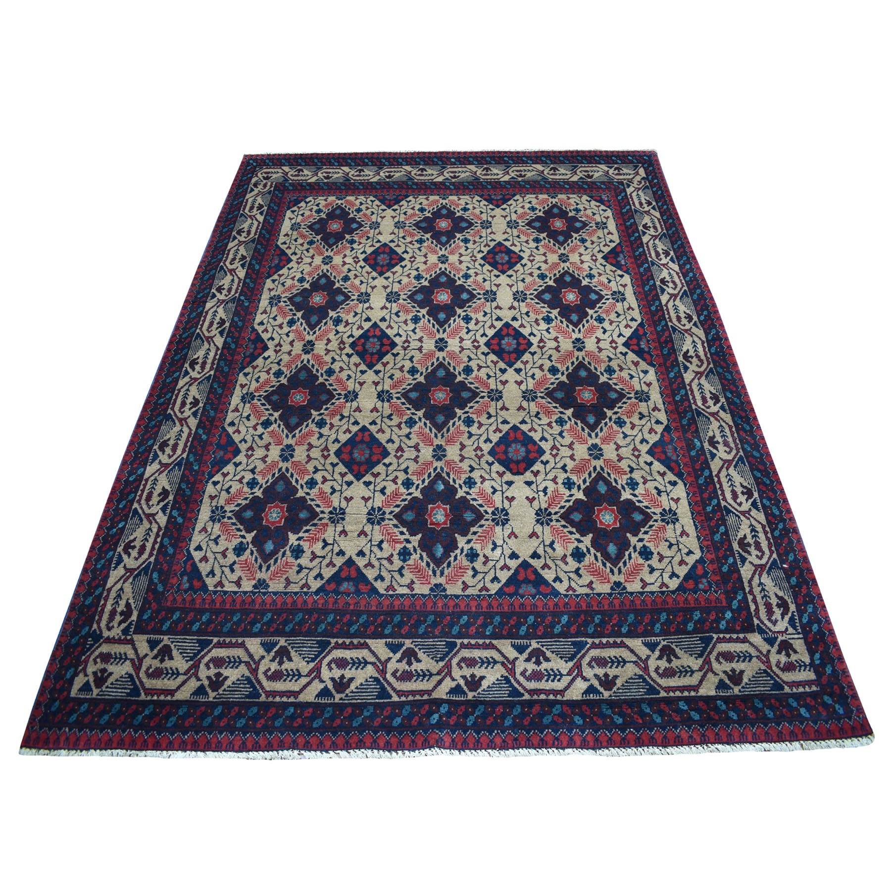 5'6"x7'2" Vintage Look Geometric Afghan Andkhoy Pure Wool Hand Woven Oriental Rug 