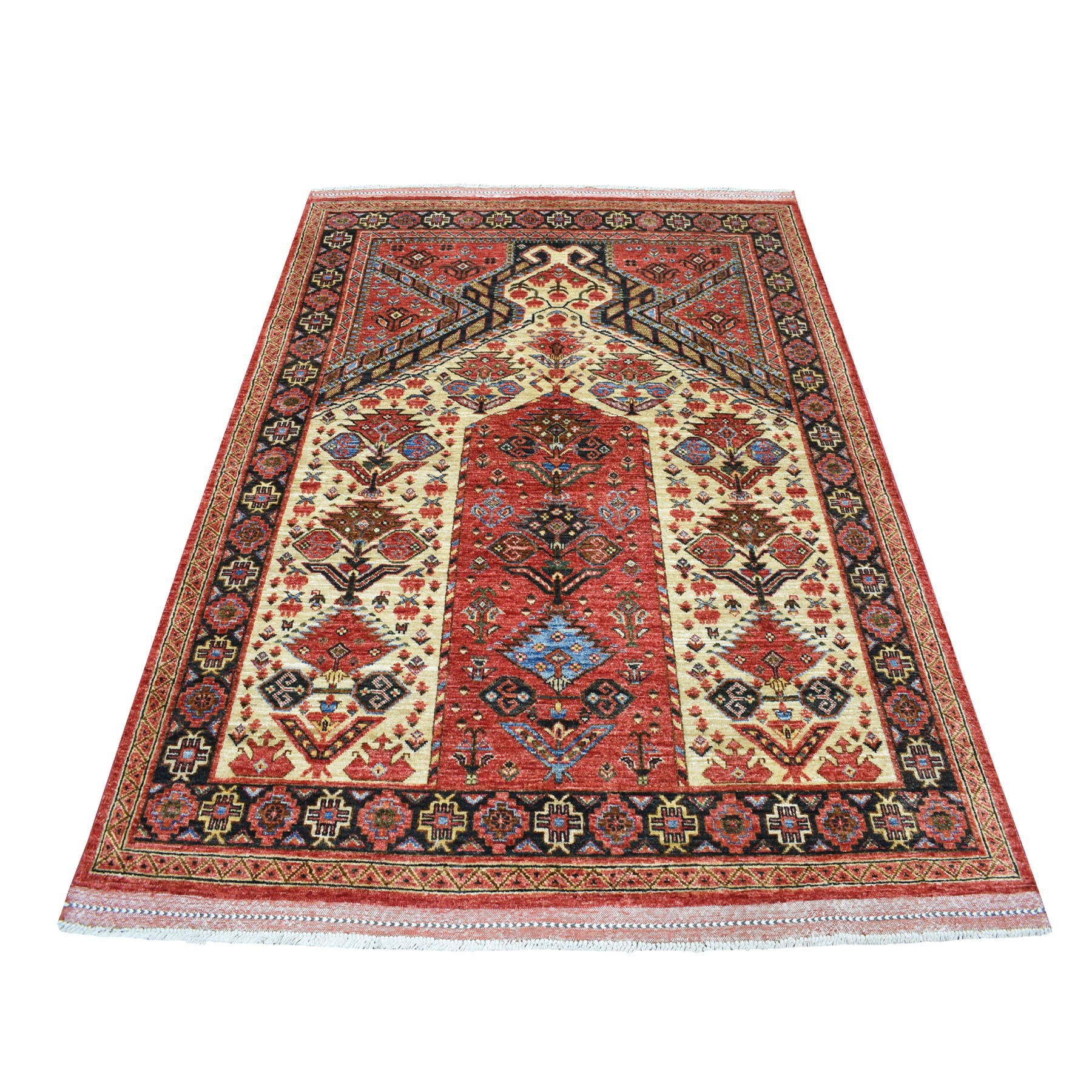 5'x6'9" Red Prayer Design Afghan Ersari Hand Woven Pure Wool Oriental Rug 