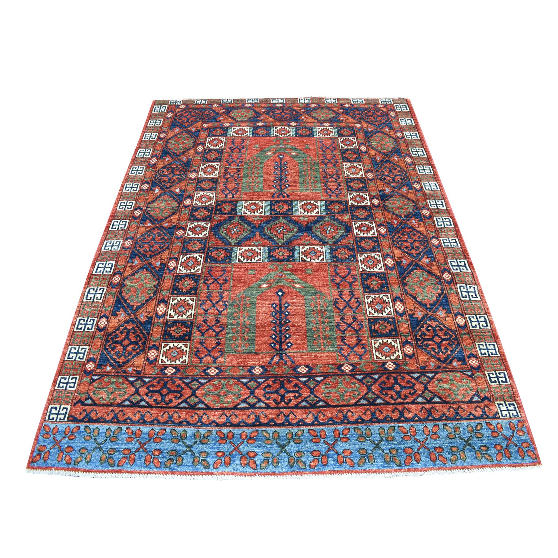 4'10"x7' Red Afghan Ersari Hutchlu Design Pure Wool Hand Woven Oriental Rug 