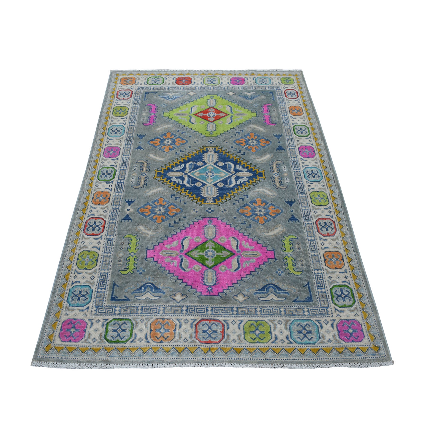 3'10"x5'10" Colorful Gray Fusion Kazak Pure Wool Geometric Design Hand Woven Oriental Rug 