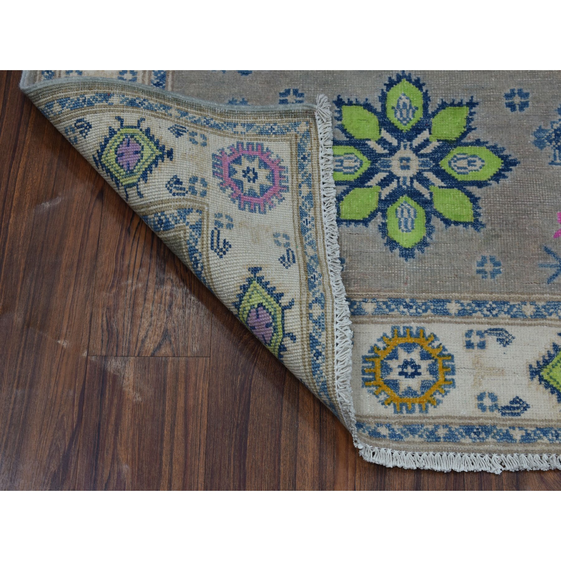 3'5"x4'10" Colorful Gray Fusion Kazak Pure Wool Geometric Design Hand Woven Oriental Rug 