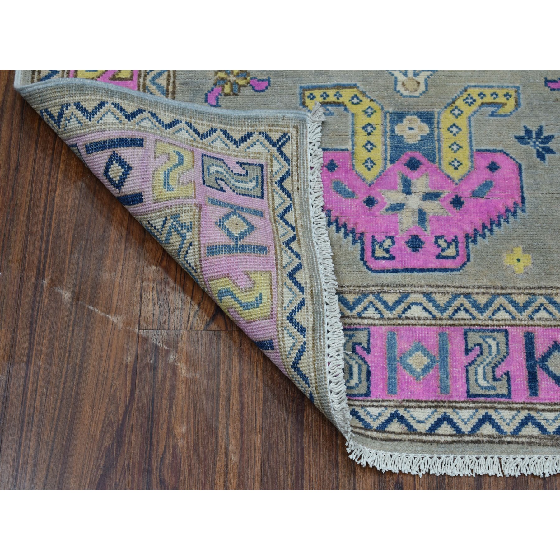 3'4"x4'10" Colorful Gray Fusion Kazak Pure Wool Geometric Design Hand Woven Oriental Rug 