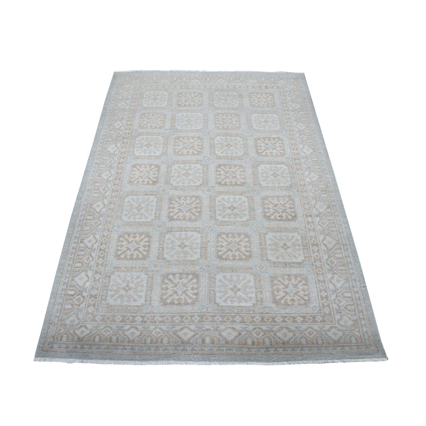 4'1"x6'1" White Wash Peshawar Mahal Design Pure Wool Hand Woven Oriental Rug 