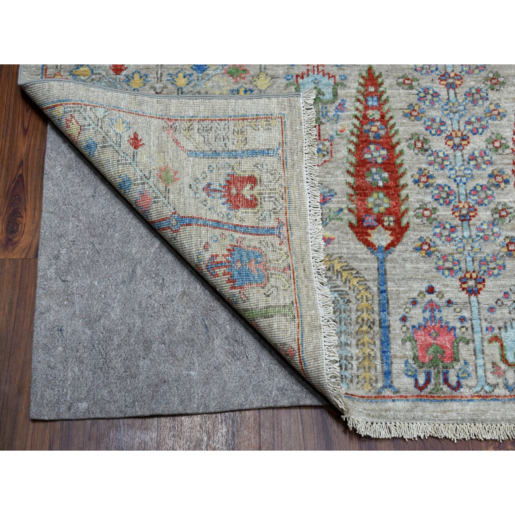 8'2"x9'10" Gray with Pop of Color Willow and Cypress Tree Design Pure Wool Hand Woven Oriental Rug 