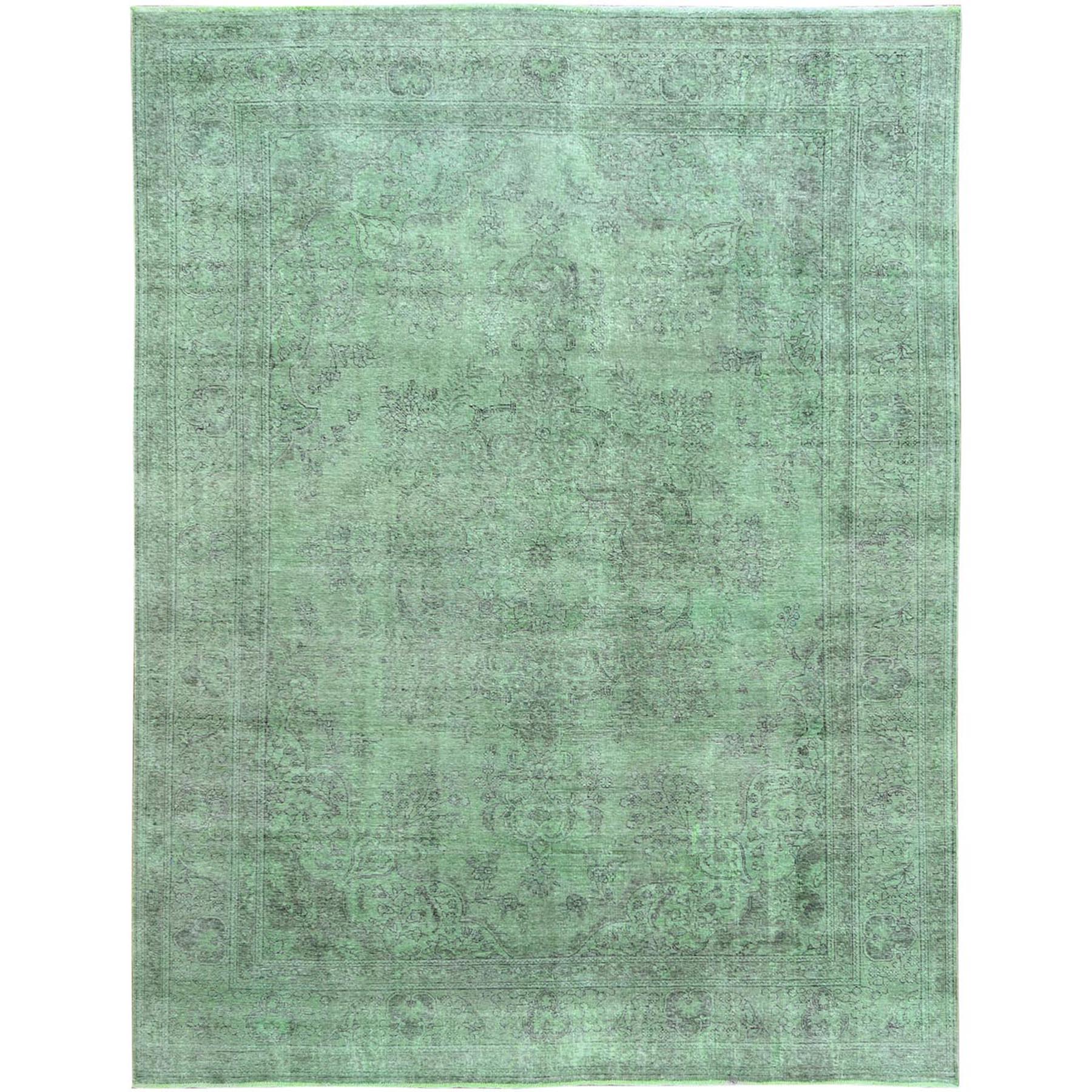 9'9"x12'6" Green Organic Wool Shabby Chic Clean Persian Tabriz With Medallion Design Vintage Look Sheared Low Hand Woven Oriental Rug 