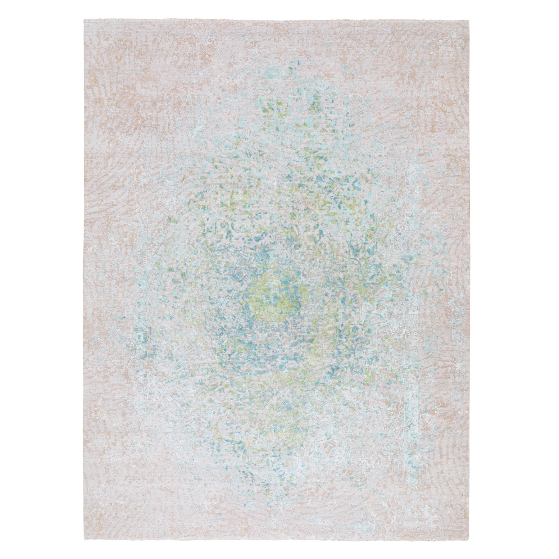 10'2"x14' Ivory Touch Of Green Pure Silk With Textured Wool Hand Woven Oriental Rug 