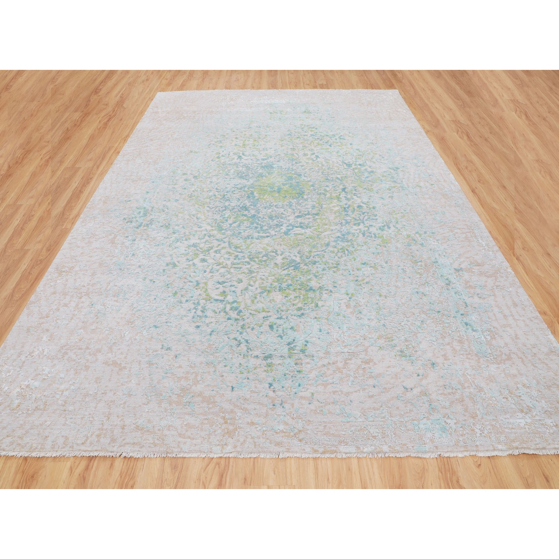 10'2"x14' Ivory Touch Of Green Pure Silk With Textured Wool Hand Woven Oriental Rug 