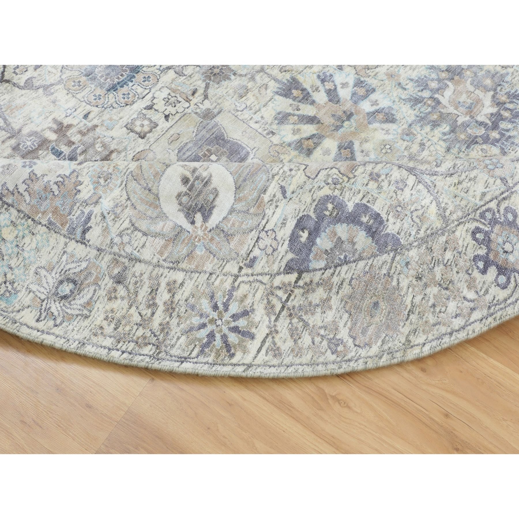 8'1"x8'1" Round Ivory Silk With Textured Wool Tabriz Hand Woven Oriental Rug 