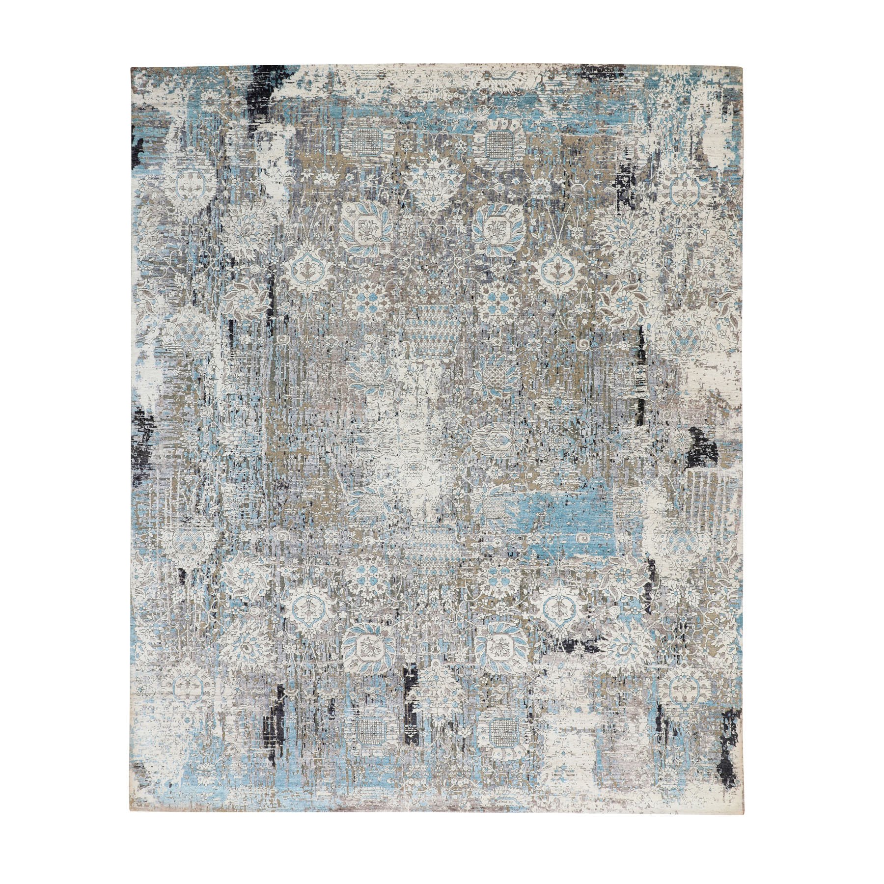 8'x9'9" Aqua Blue Silk With Textured Wool Erased Tabriz Design Hand Woven Oriental Rug 