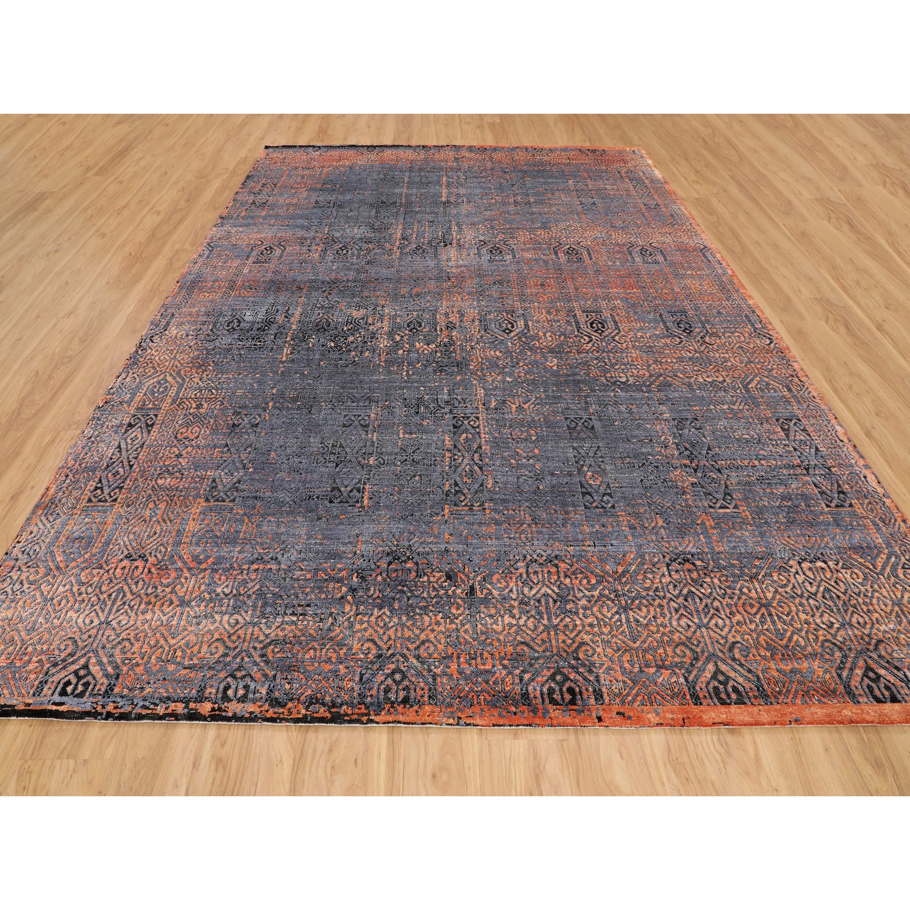 8'6"x12'1"  Charcoal Black Jewellery Design Silk With Textured Wool Hand Woven Oriental Rug 
