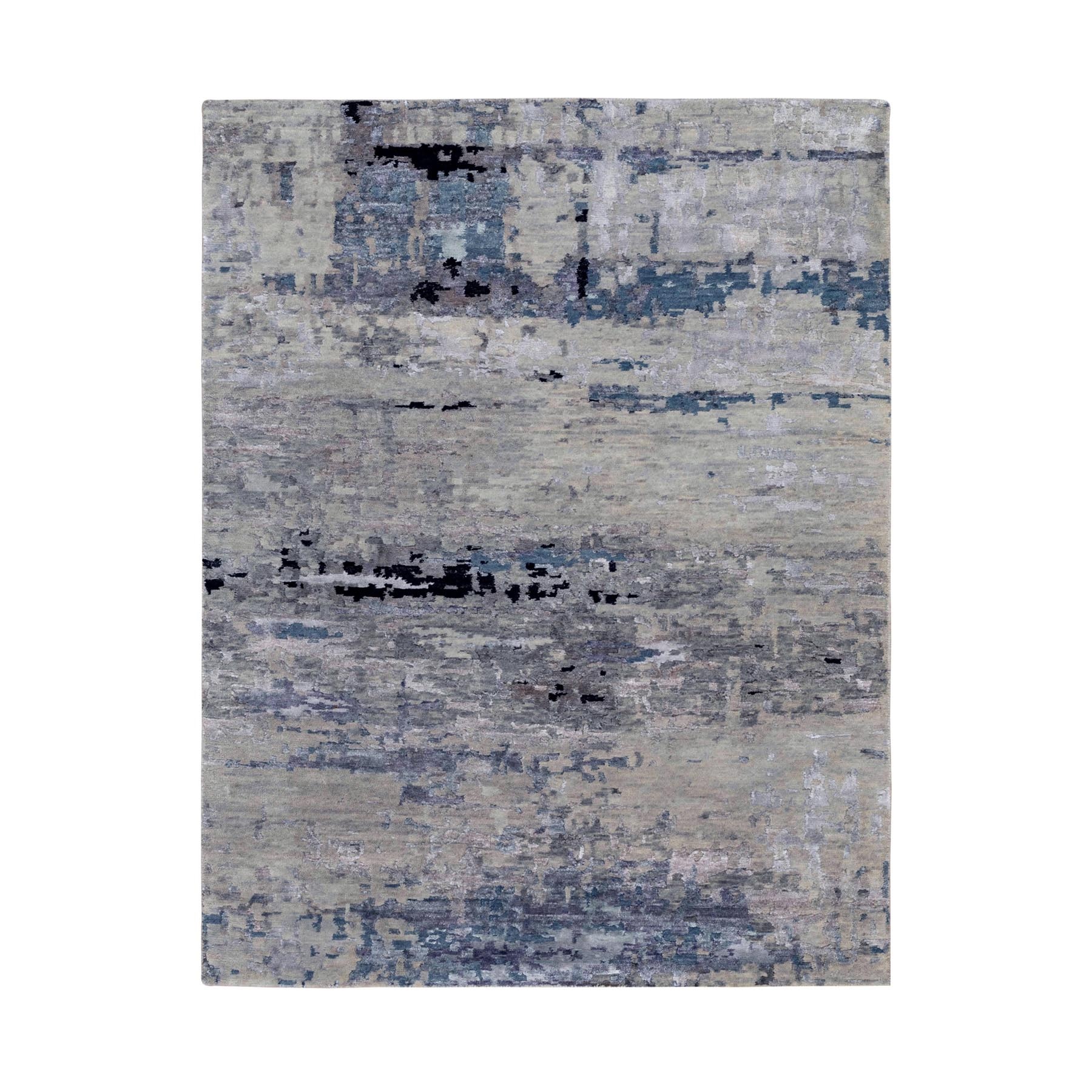 4'x6' Silver, Blue Wool & Silk Abstract Design Modern Hand Woven Oriental Rug 
