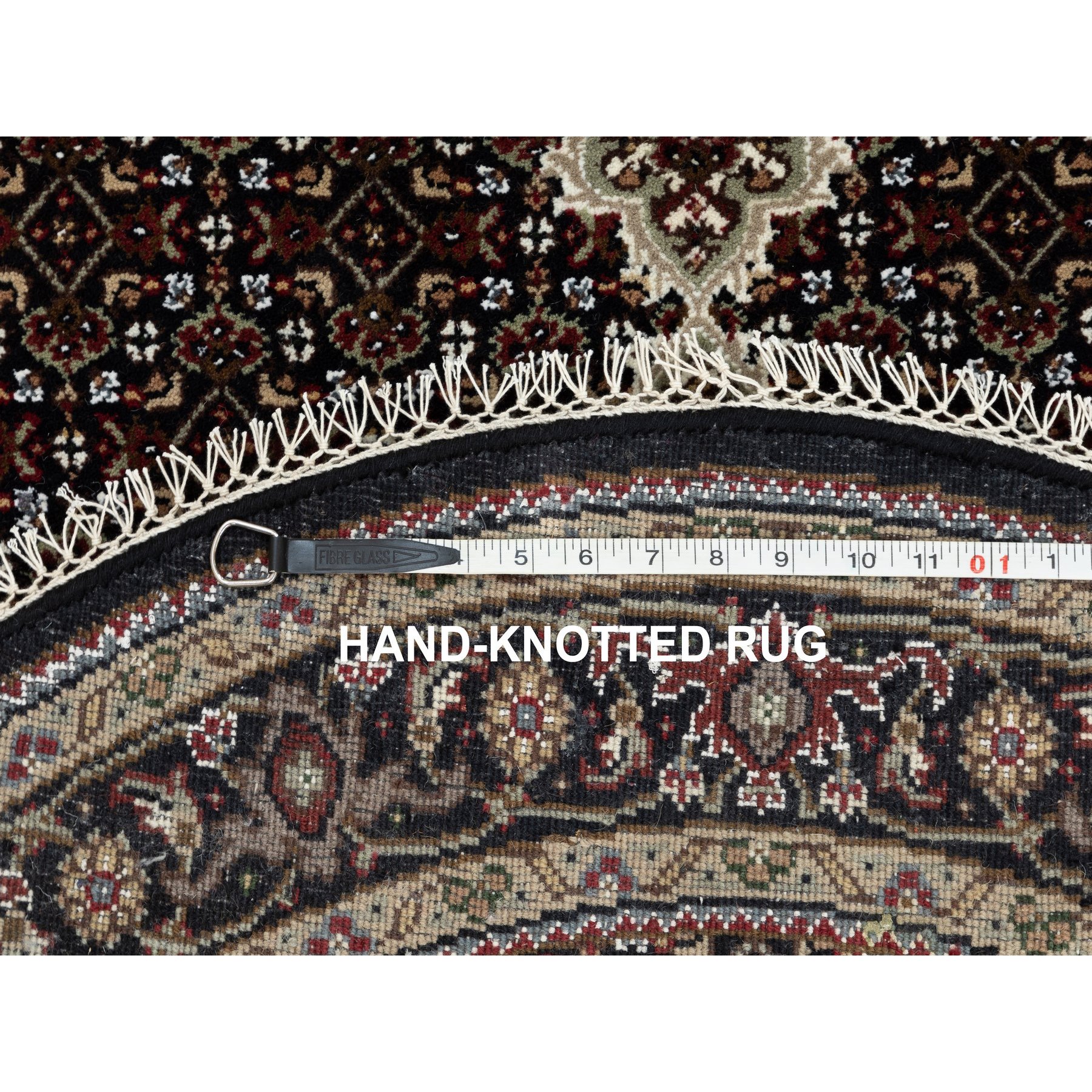 4'x4' Rich Black, Tabriz Mahi with Fish Medallion Design, 250 KPSI Wool and Silk Hand Woven, Round Oriental Rug 