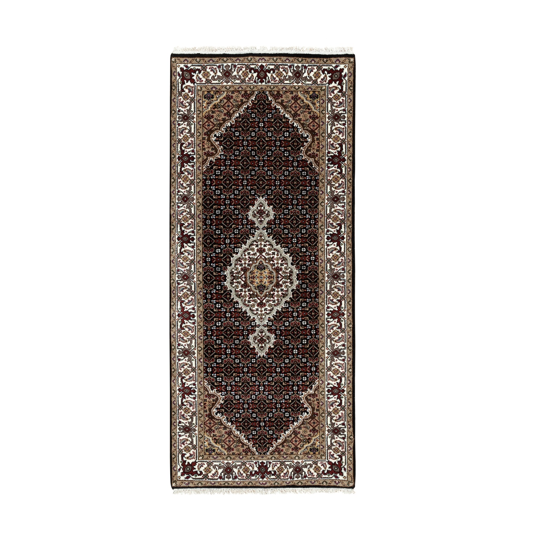 2'6"x5'10" Rich Black, Tabriz Mahi with Fish Medallion Design, 250 KPSI Wool and Silk Hand Woven, Runner 
Oriental Rug 