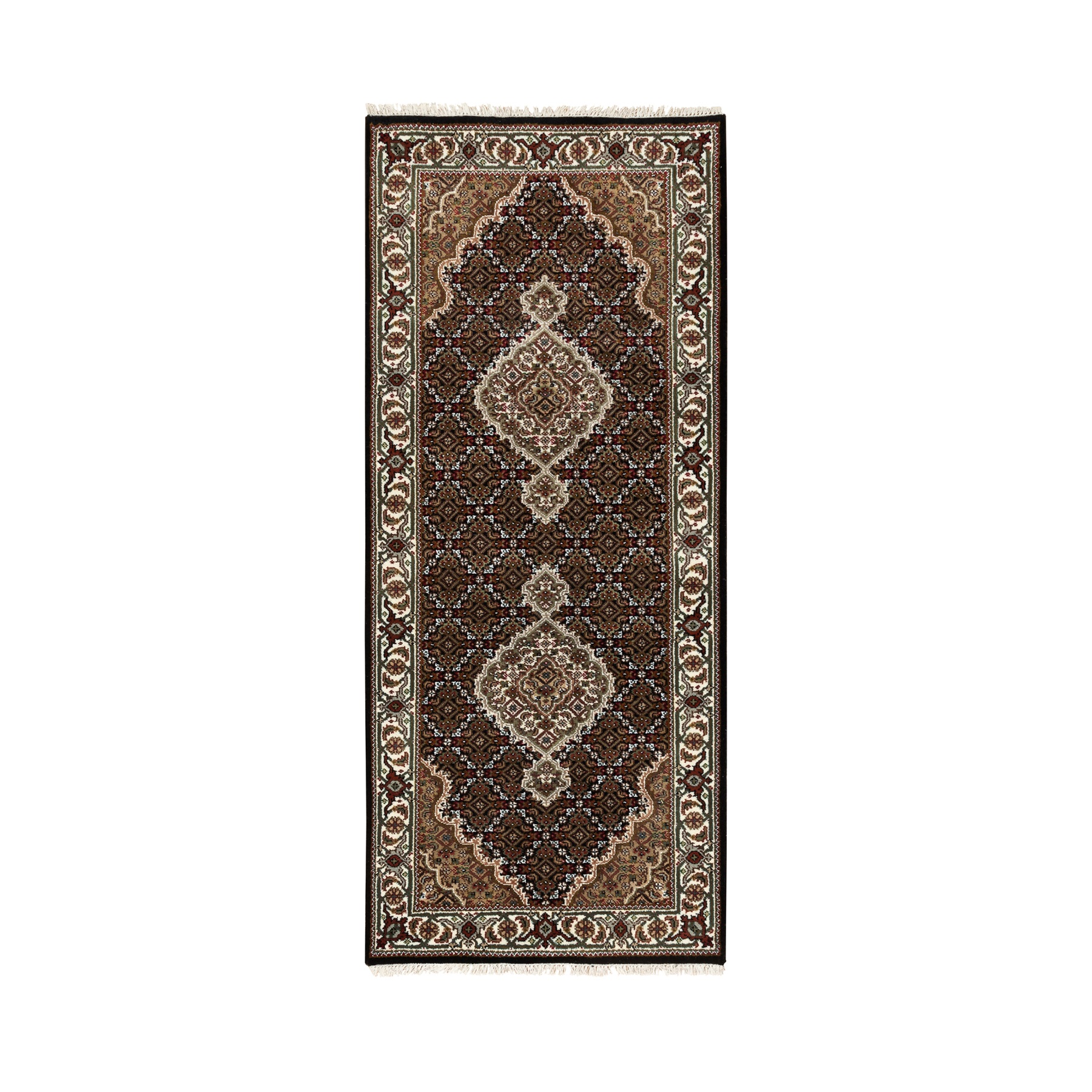 2'9"x6'8" Rich Black, Tabriz Mahi with Fish Medallion Design, 250 KPSI Wool and Silk Hand Woven, Runner Oriental Rug 