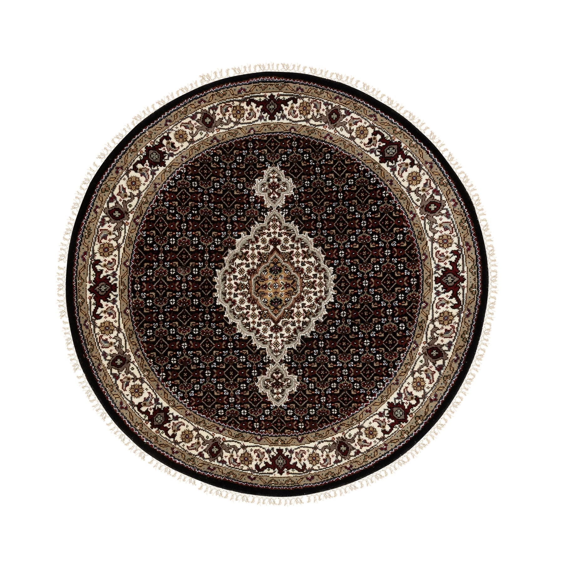 4'1"x4'1" Rich Black, 250 KPSI Wool and Silk Tabriz Mahi with Fish Medallion Design, Hand Woven, Round Oriental Rug 