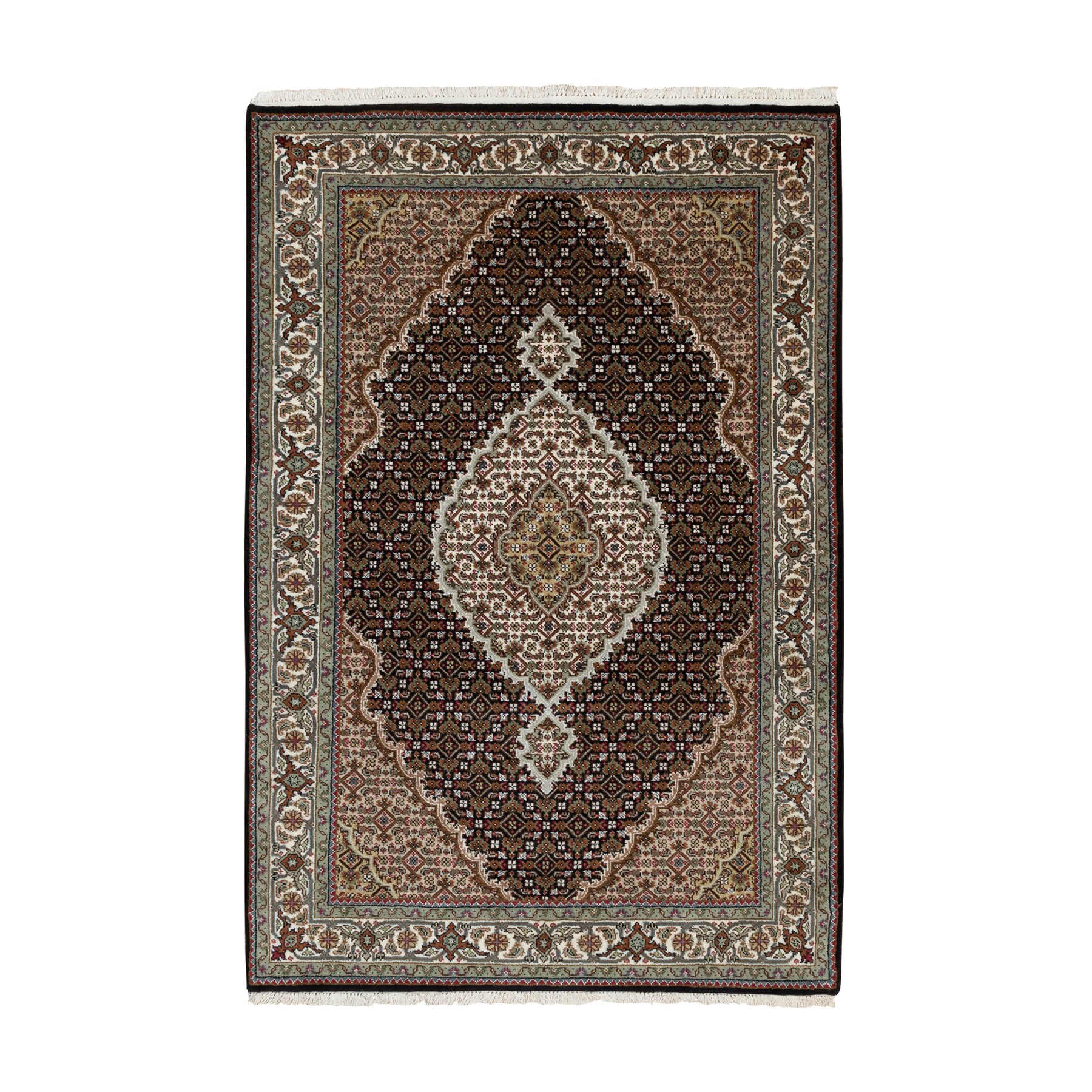 4'x6' Rich Black, Tabriz Mahi with Fish Medallion Design, 250 KPSI Wool and Silk Hand Woven, Oriental Rug 