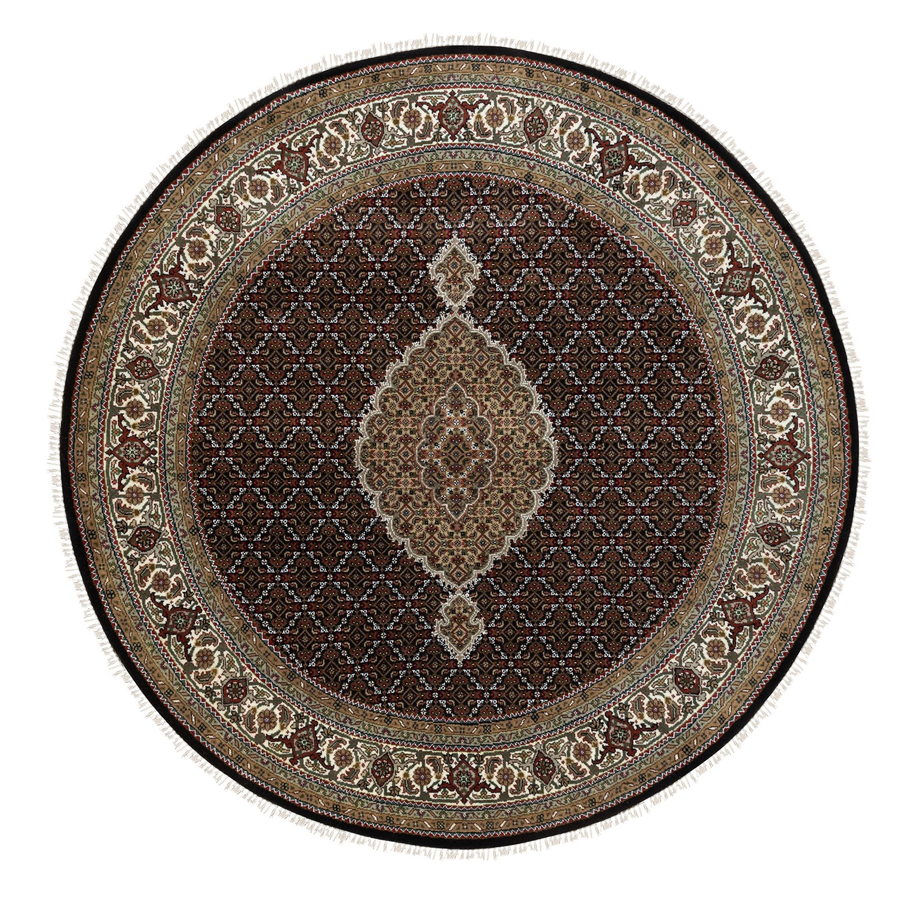 6'8"x6'8" Rich Black, Wool and Silk Tabriz Mahi with Fish Medallion Design, Hand Woven, 250 KPSI Round Oriental Rug 