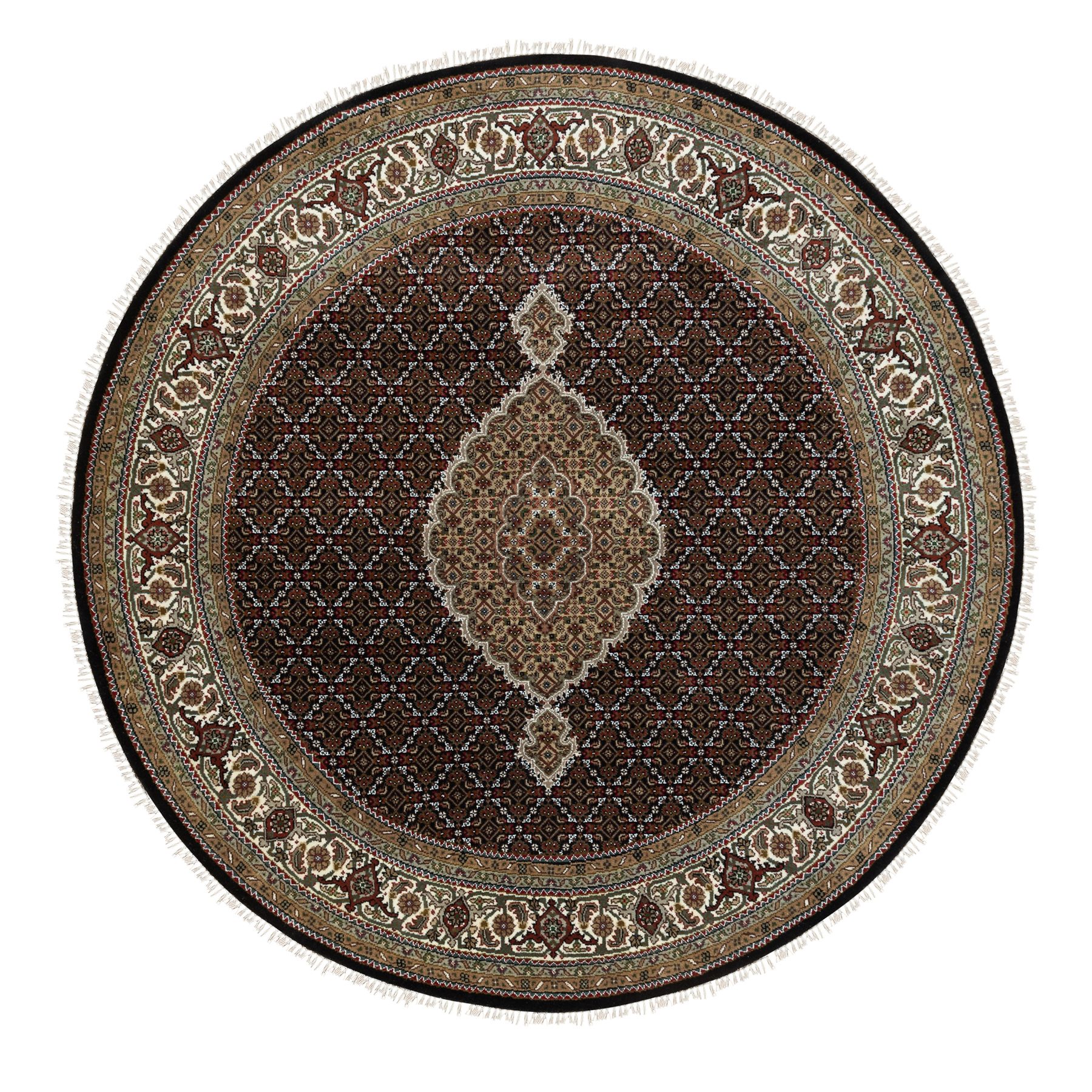 6'7"x6'7" Rich Black, Tabriz Mahi with Fish Medallion Design, 250 KPSI Wool and Silk Hand Woven, Round Oriental Rug 