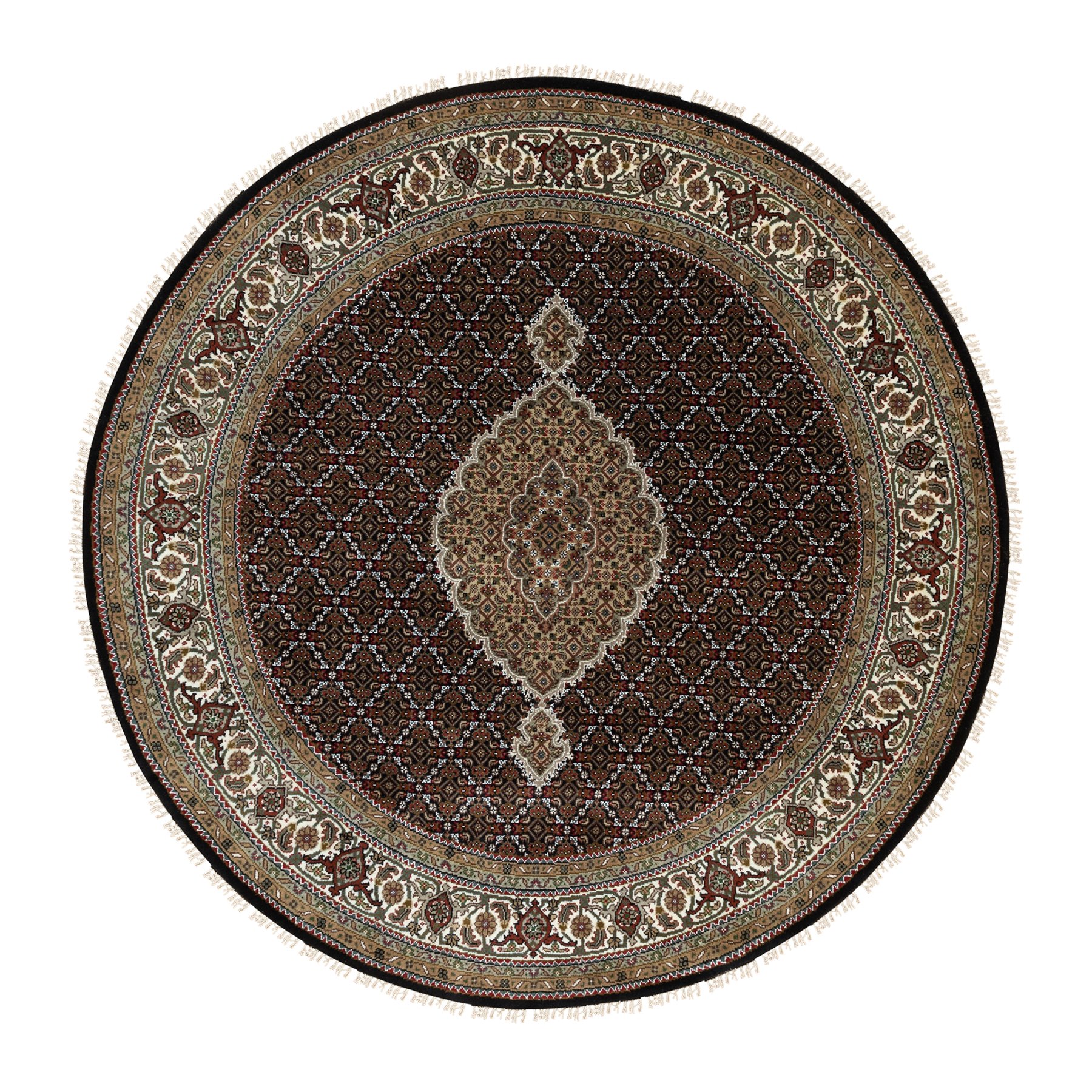 6'8"x6'8" Rich Black, Hand Woven Wool and Silk Tabriz Mahi with Fish Medallion Design, 250 KPSI, Round Oriental Rug 