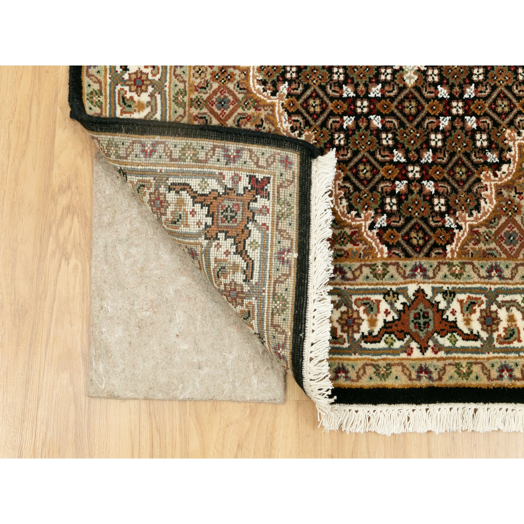 3'1"x5'6" Rich Black, Hand Woven, Tabriz Mahi with Fish Medallion Design, 250 KPSI Wool and Silk Oriental Rug 