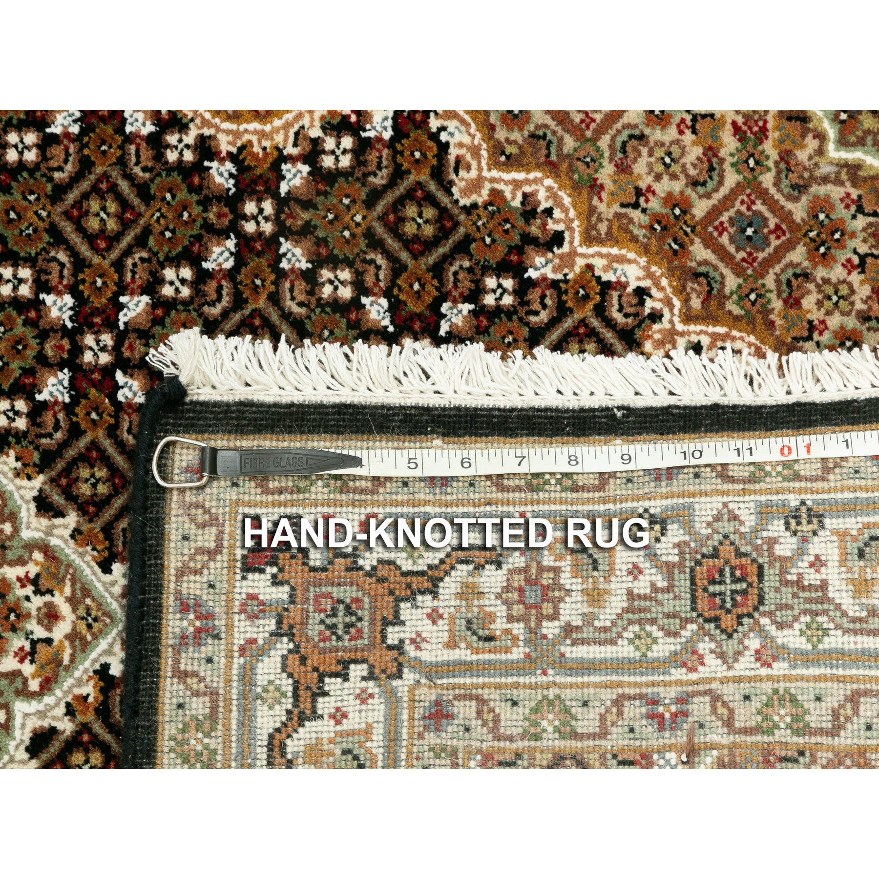 3'1"x5'6" Rich Black, Hand Woven, Tabriz Mahi with Fish Medallion Design, 250 KPSI Wool and Silk Oriental Rug 