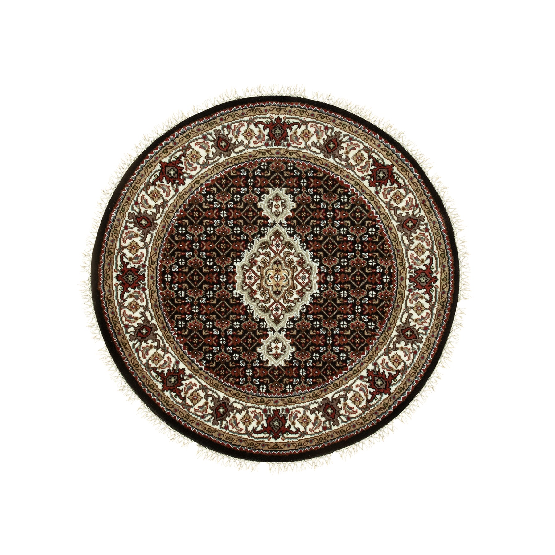 3'x3' Rich Black, 250 KPSI Hand Woven, Tabriz Mahi with Fish Medallion Design, Wool and Silk Round Oriental Rug 