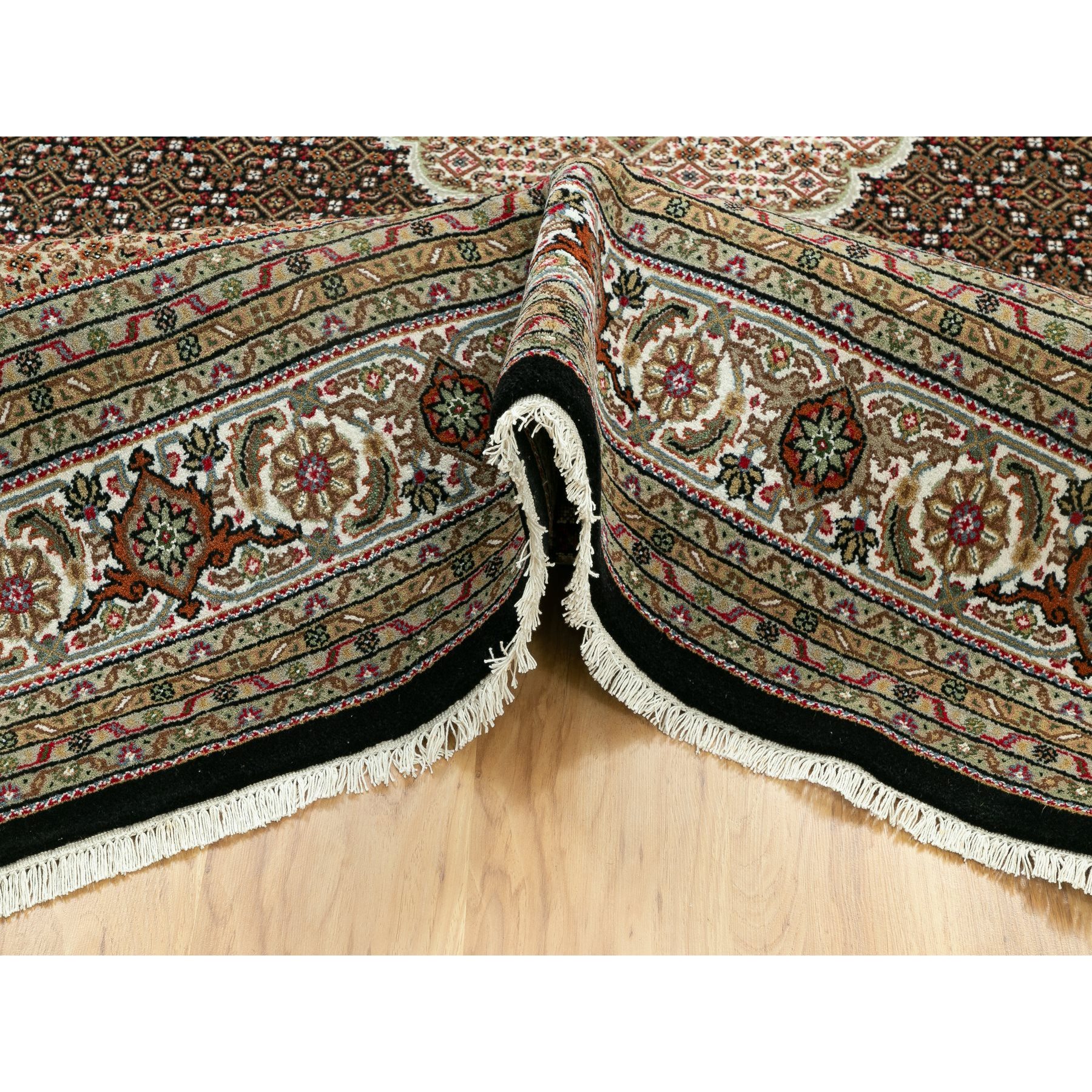 8'x10'1" Rich Black,250 KPSI Wool and Silk Hand Woven, Tabriz Mahi with Fish Medallion Design, Oriental Rug 