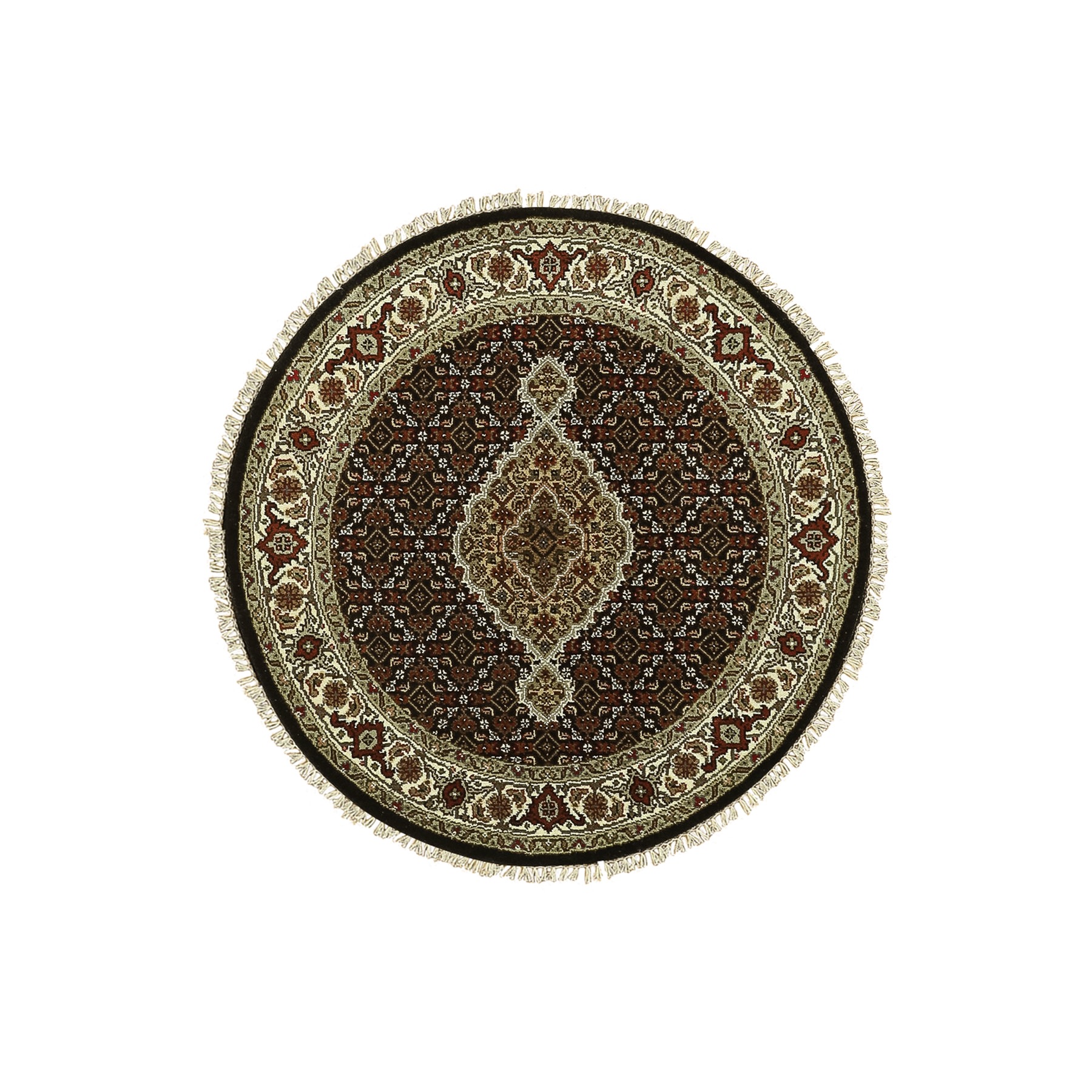 3'3"x3'3" Rich Black, Wool and Silk Hand Woven Tabriz Mahi with Fish Medallion Design, 250 KPSI, Round Oriental Rug 