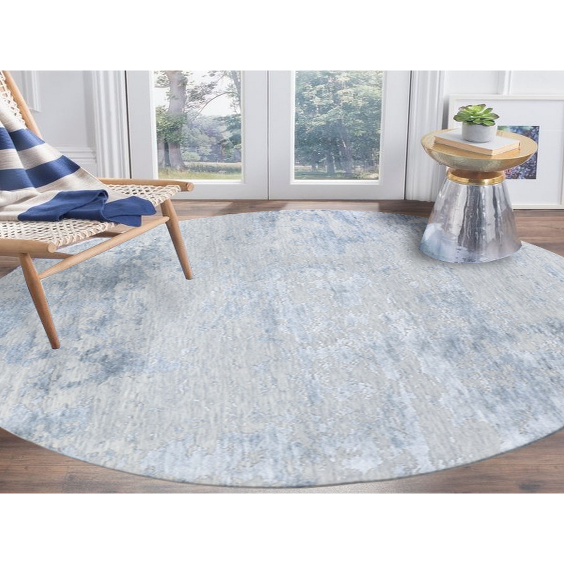7'10"x7'10" Round Abstract Design Wool And Silk Hi-Low Pile Denser Weave Hand Woven Oriental Rug 