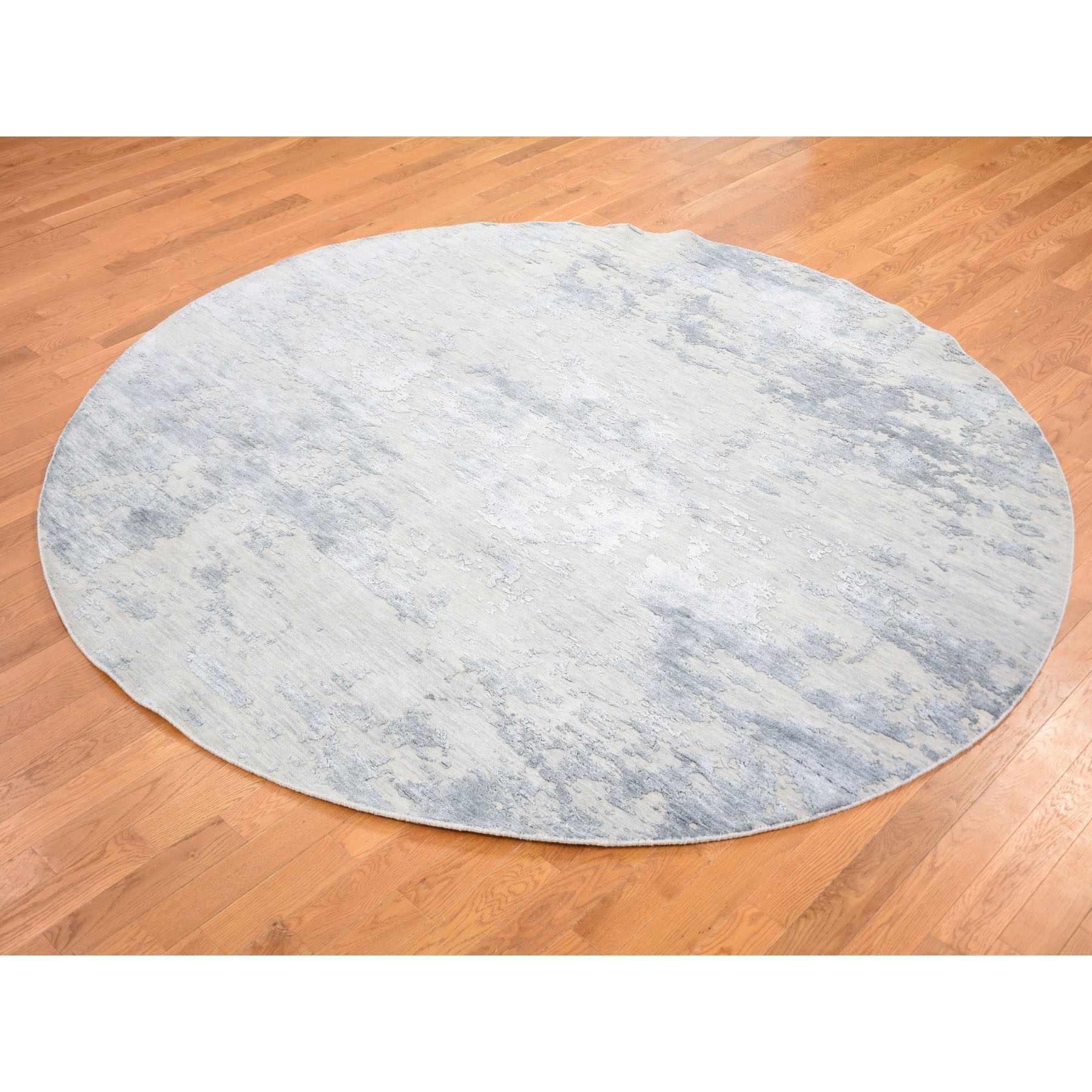 7'10"x7'10" Round Abstract Design Wool And Silk Hi-Low Pile Denser Weave Hand Woven Oriental Rug 