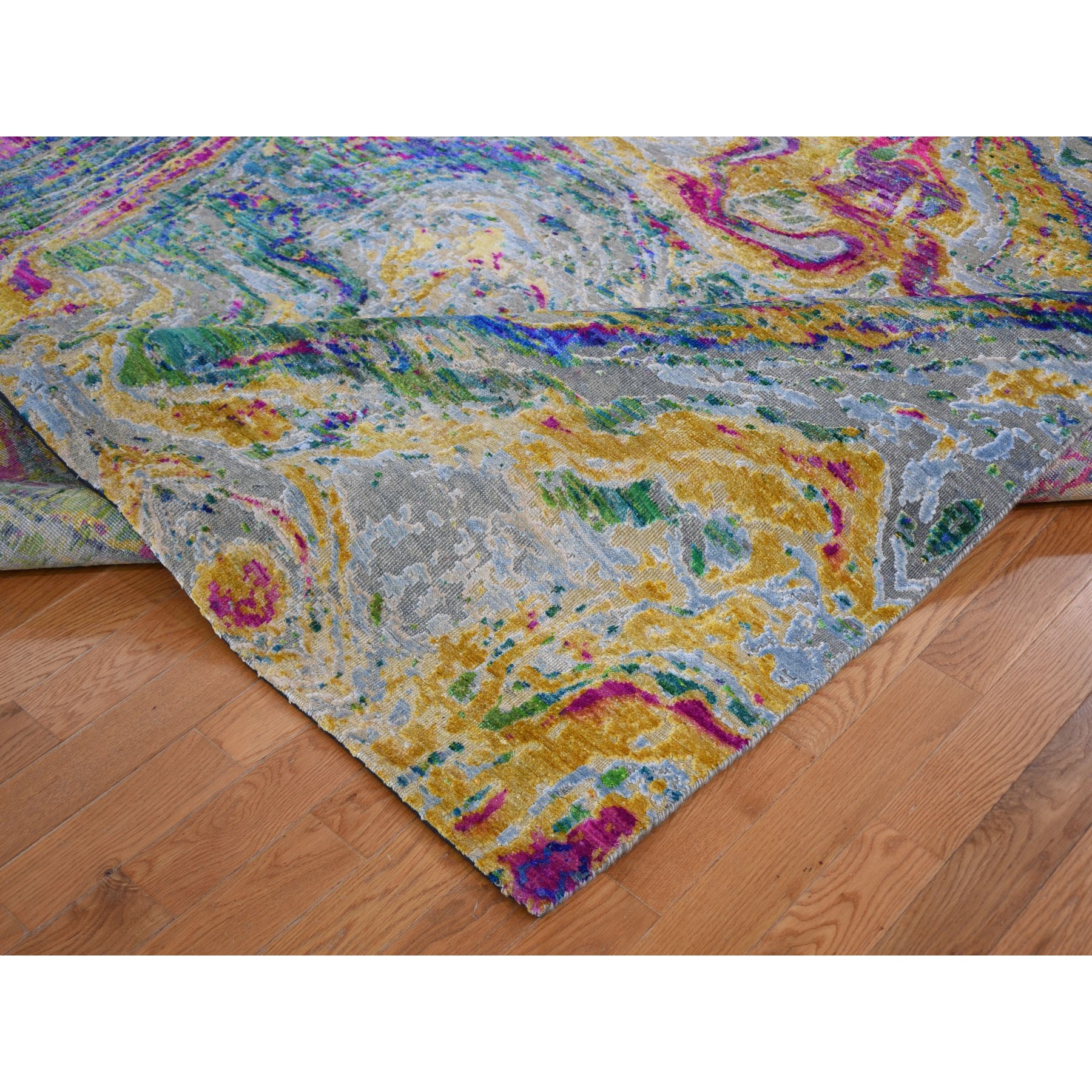 8'7"x11'6" THE LAVA, Colorful Sari Silk With Textured Wool Hand Woven Oriental Rug 